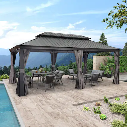 Front. PURPLE LEAF - 12' X 20' Permanent Hardtop Aluminum Gazebo with Double Roof for Patio Lawn and Garden, Curtains and Netting Included - 12' X 20'.