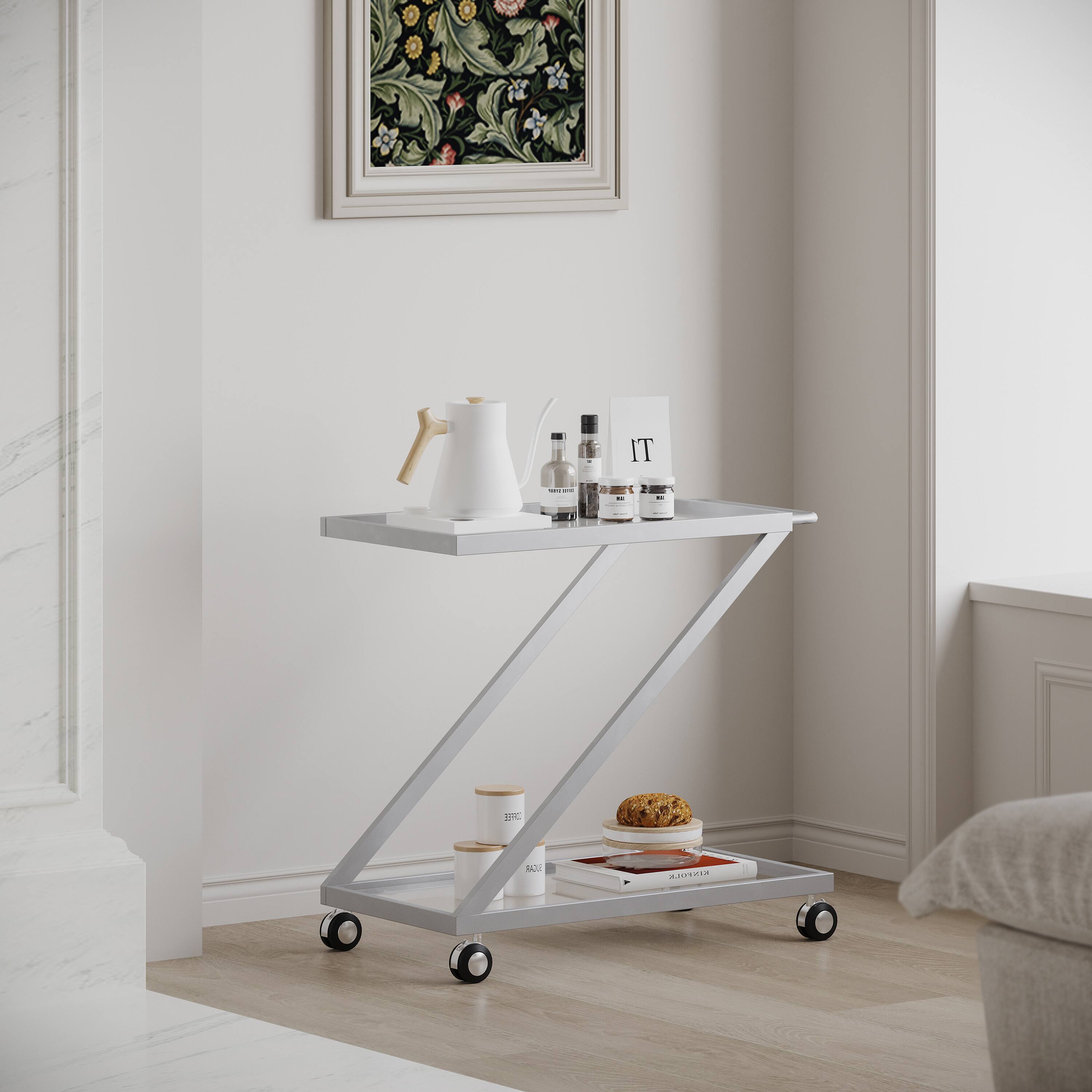 Back. APRILSOUL - Z Frame Glass Bar Cart Rolling Iron Locking Wheels Modern Minimalist Serving Trolley - Silver.