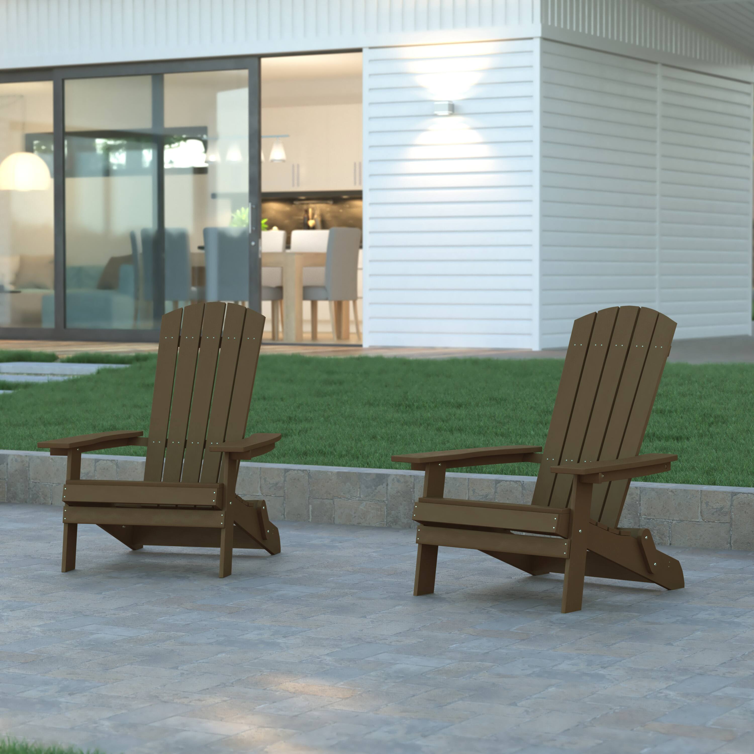 Alt View 2. Emma + Oliver - Haven Set of 2 Indoor/Outdoor Poly Resin Folding Adirondack Chairs, All-Weather Chairs for Porch, Patio, or Sunroom - Mahogany.