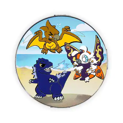 Front. SalesOne LLC - Godzilla, Mothra, and Rodan Chibi Round Enamel Pin - Multi-Colored.
