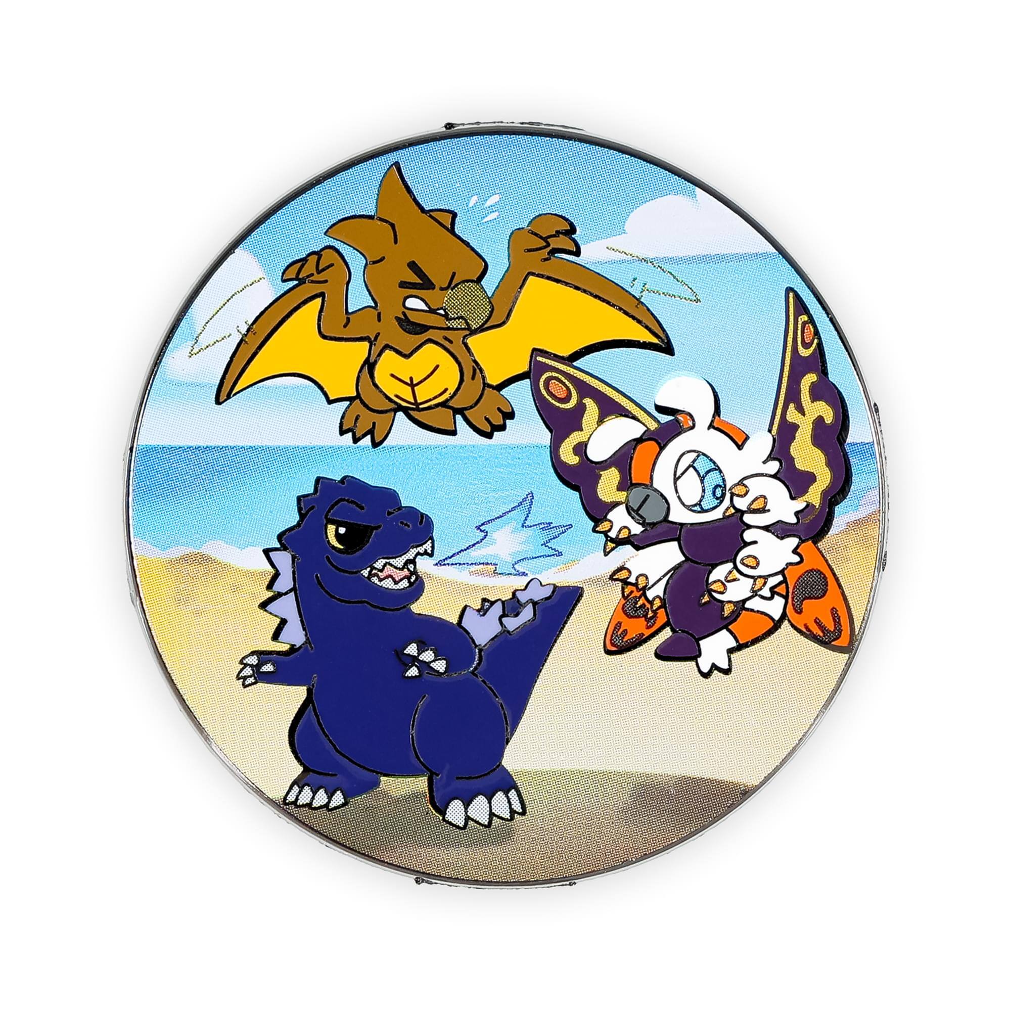 Front. SalesOne LLC - Godzilla, Mothra, and Rodan Chibi Round Enamel Pin - Multi-Colored.