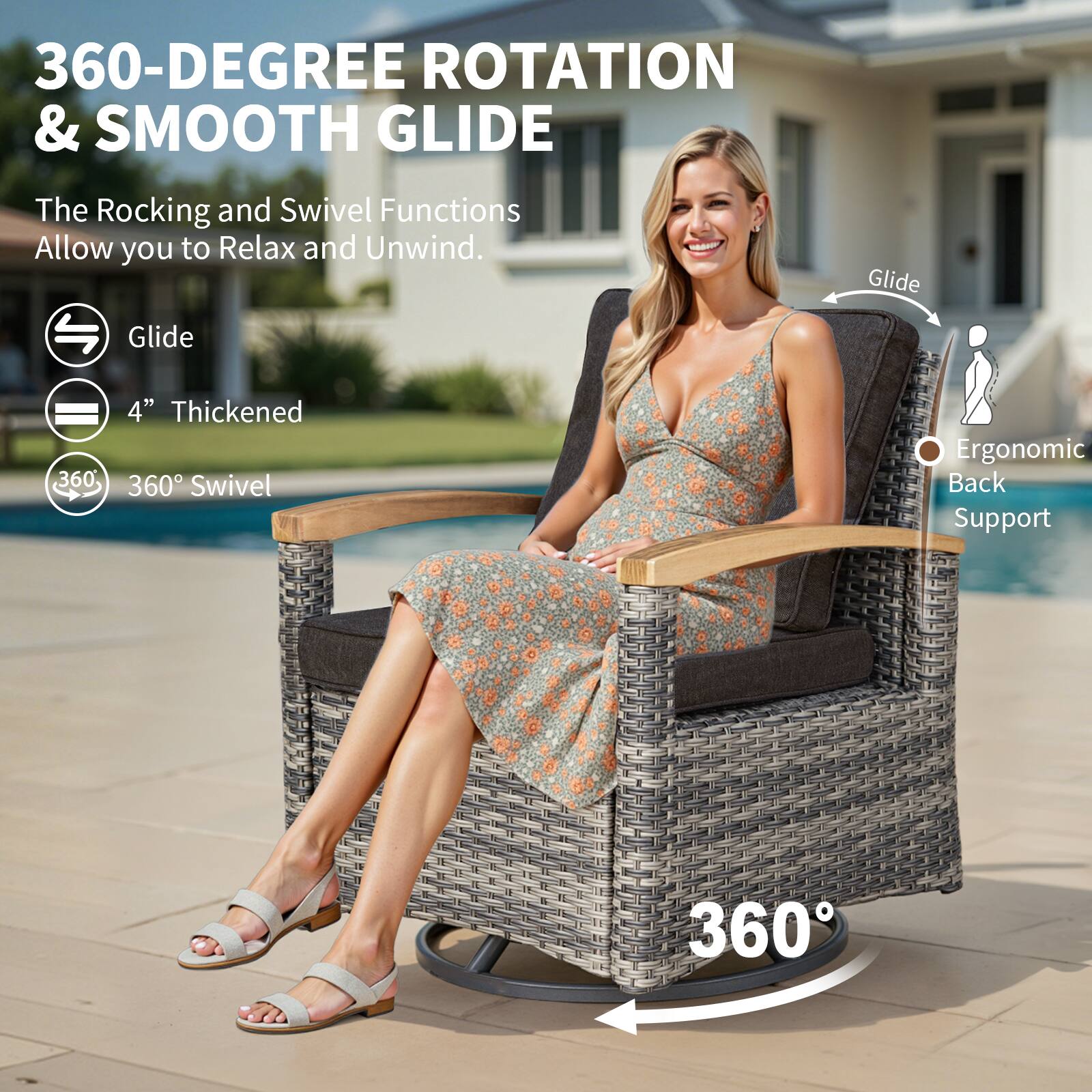 360-DEGREE ROTATION & SMOOTH GLIDE  
The Rocking and Swivel Functions Allow you to Relax and Unwind.

- Glide
- 4" Thickened
- 360° Swivel
- Ergonomic Back Support
