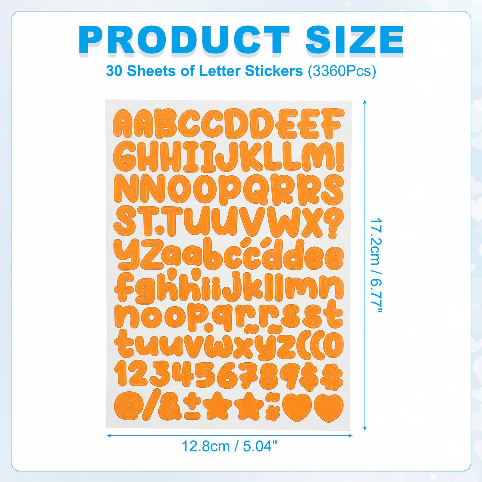 PRODUCT SIZE  
30 Sheets of Letter Stickers (3360Pcs)  

AABCCDDEEF  
GHHIIJKLLM!  
NNOOPQRRS  
ST.TUUVWX?  
YZaabccddee  
fghhiijklimn  
noopqrrsst  
tuuvwxyzcco  
123456789$#  
@/&+  

17.2cm / 6.77"  
12.8cm / 5.04"