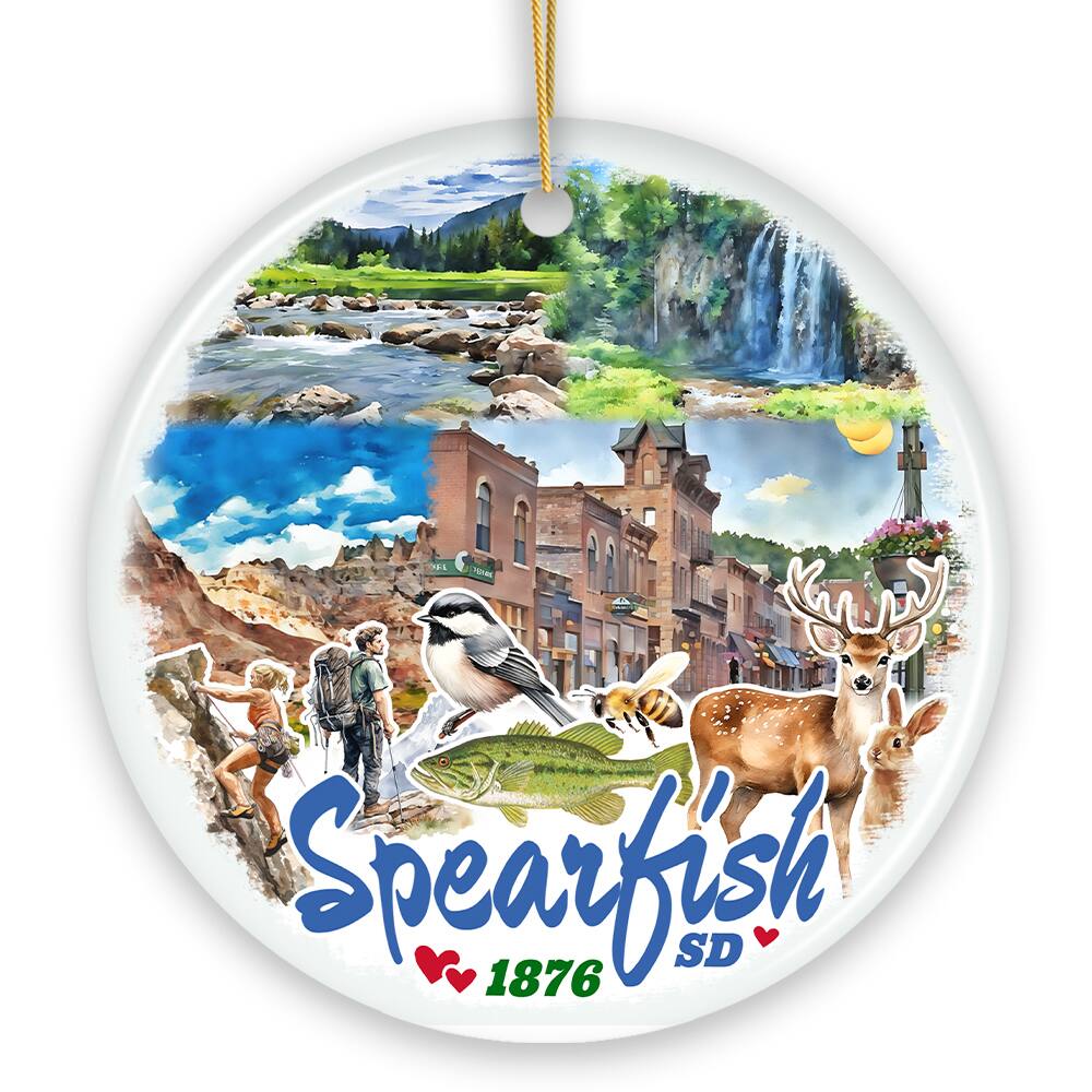 OrnamentallyYou - Charming Spearfish South Dakota Ornament, Black Hills Mountain Town Christmas Gift (Circle) - Multi-colored
