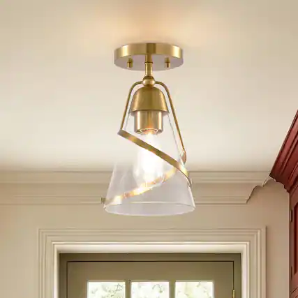Front. Parrot Uncle - 7” Modern Gold Glass Shade Semi-Flush Mount Ceiling Light - Gold.