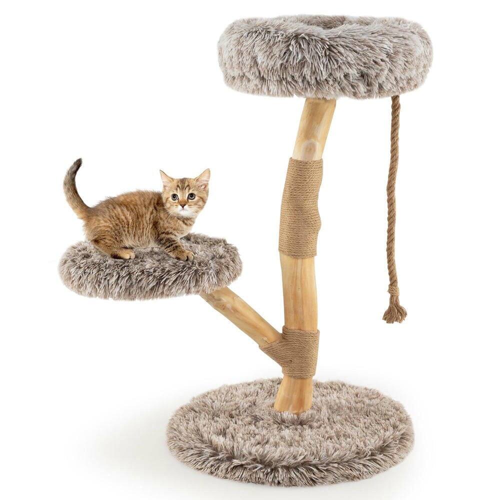 Alt View 2. Kadyn - Modern Wooden Cat Tree Tower with Perch and Jute Scratching Posts, Brown - Brown.