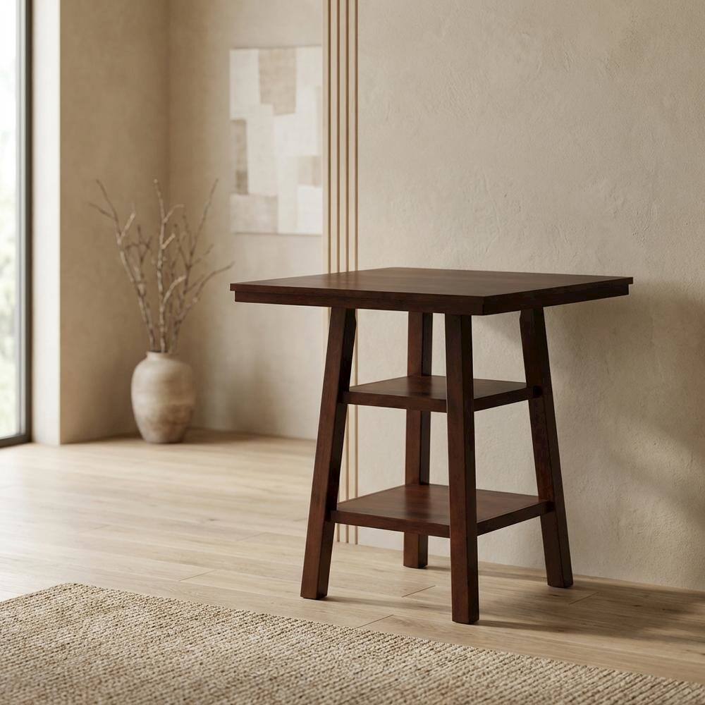Alt View 3. FurniFact - Wood High Bar Table with 2 Shelves, Transitional Pub Table for Dining Room - Walnut.