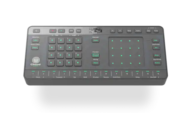 Sure, here is the corrected and grouped text from the image:
**Top Bar:**
- Undo
- Metronome
- BPM
- Menu
- T8P16
- C4-C5
- Magic Hour
- PADE
- Page 2
**Left Side:**
- Mute/Solo
- Track
- Pattern Chain
- Pattern
**Center:**
- Length
- Character
- Sound
- Chordset
- Cruiser
- Voicing
- Chord
**Right Side:**
- Hold
- Sub Param
- Arp
- Delay
- Sub Param
- Ducker
**Bottom Bar:**
- Octave
- Transpose
- Key
- Scale
- Direction
- Reverse
- Switch Back
- Swing
- Step Shift
**Buttons:**
- Back
- Enter
- Delete
- Copy
- Paste
**Additional Labels:**
- Chord
- Chordcat