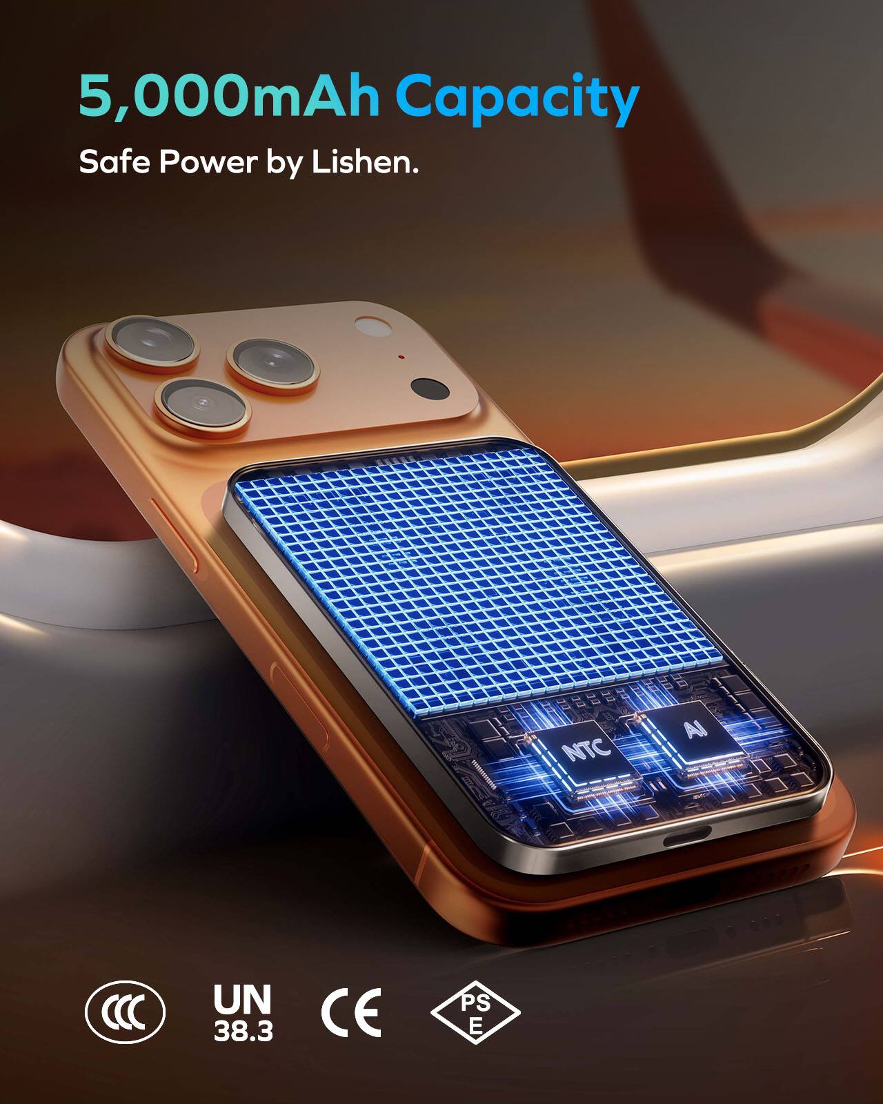 5,000mAh Capacity  
Safe Power by Lishen.  

UN 38.3  
CE  
PS E