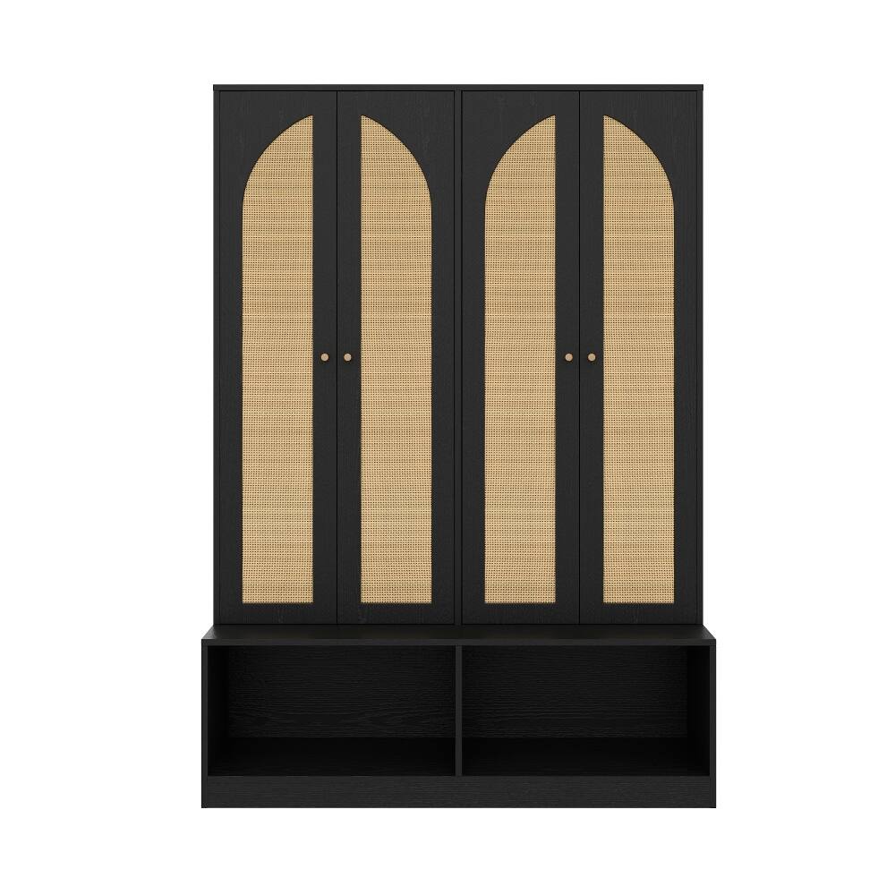 Alt View 6. Loheer - Loheer Farmhouse Hall Tree with Rattan Doors, 4-In-1 Entryway Seating Bench, Black 55.1"W - Black.