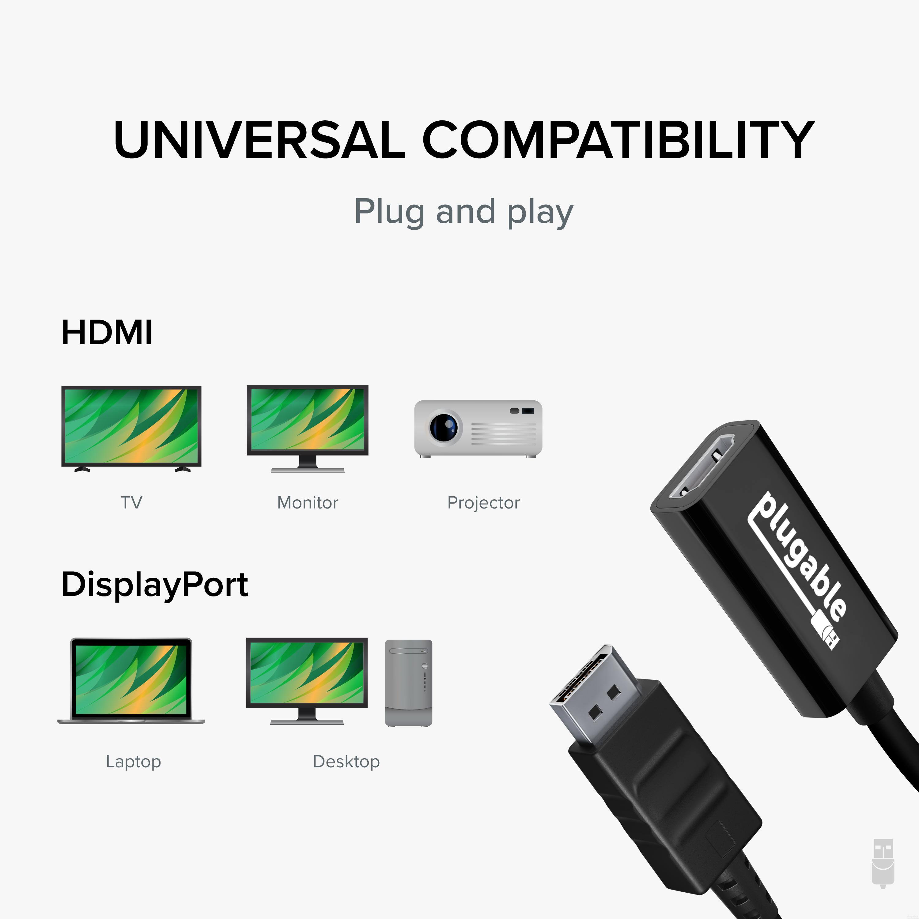 UNIVERSAL COMPATIBILITY  
Plug and play  

HDMI  
TV  
Monitor  
Projector  

DisplayPort  
Laptop  
Desktop