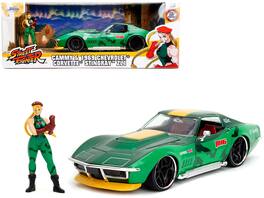 Jada - 1969 Chevrolet Corvette Stingray ZL1 Green Metallic with Yellow Stripes & Cammy Figure Street Fighter 1:24 Diecast - Green Metallic, Yellow