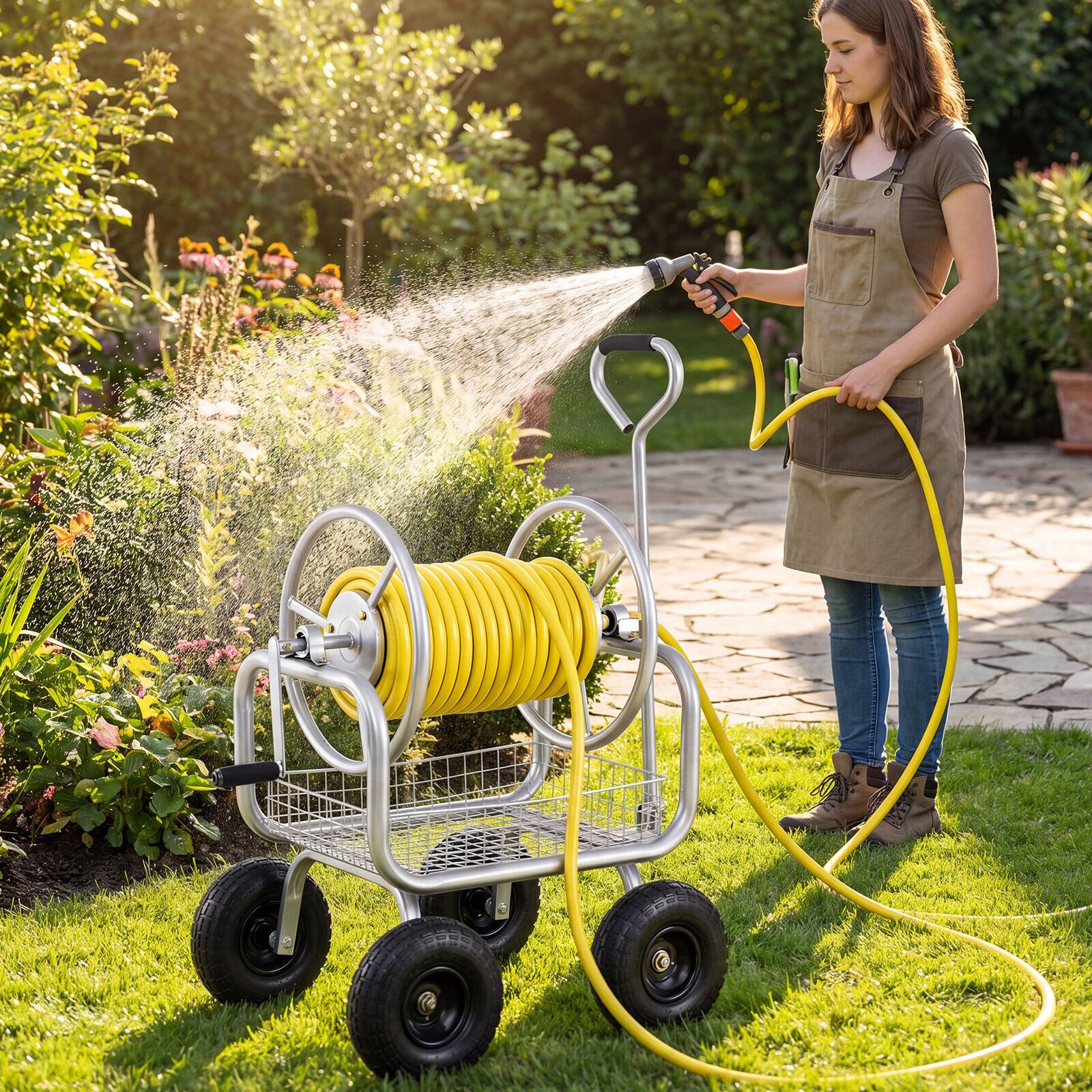 Alt View 3. Costway - Costway Garden Hose Reel Cart with 4 Wheels, Storage Basket, 300 FT of 5/8" Large Capacity - Silver.