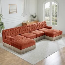 Anysun - 4-Seat Cloud Modular Sectional with 2 Ottomans - Tassel Skirt, Button Tufted, Foam Cushions & Wood Base - Red