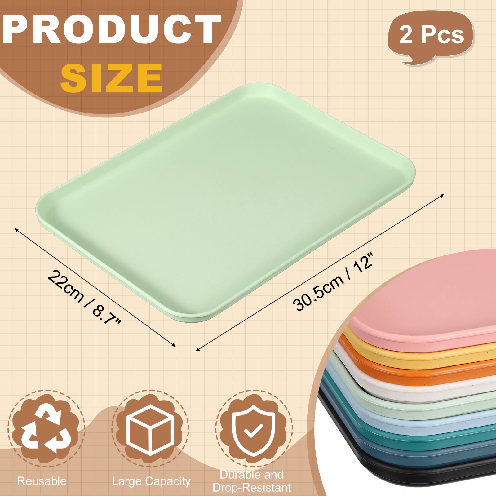 PRODUCT SIZE  
2 Pcs  
22cm / 8.7"  
30.5cm / 12"  

Reusable  
Durable and Large Capacity  
Drop-Resistant