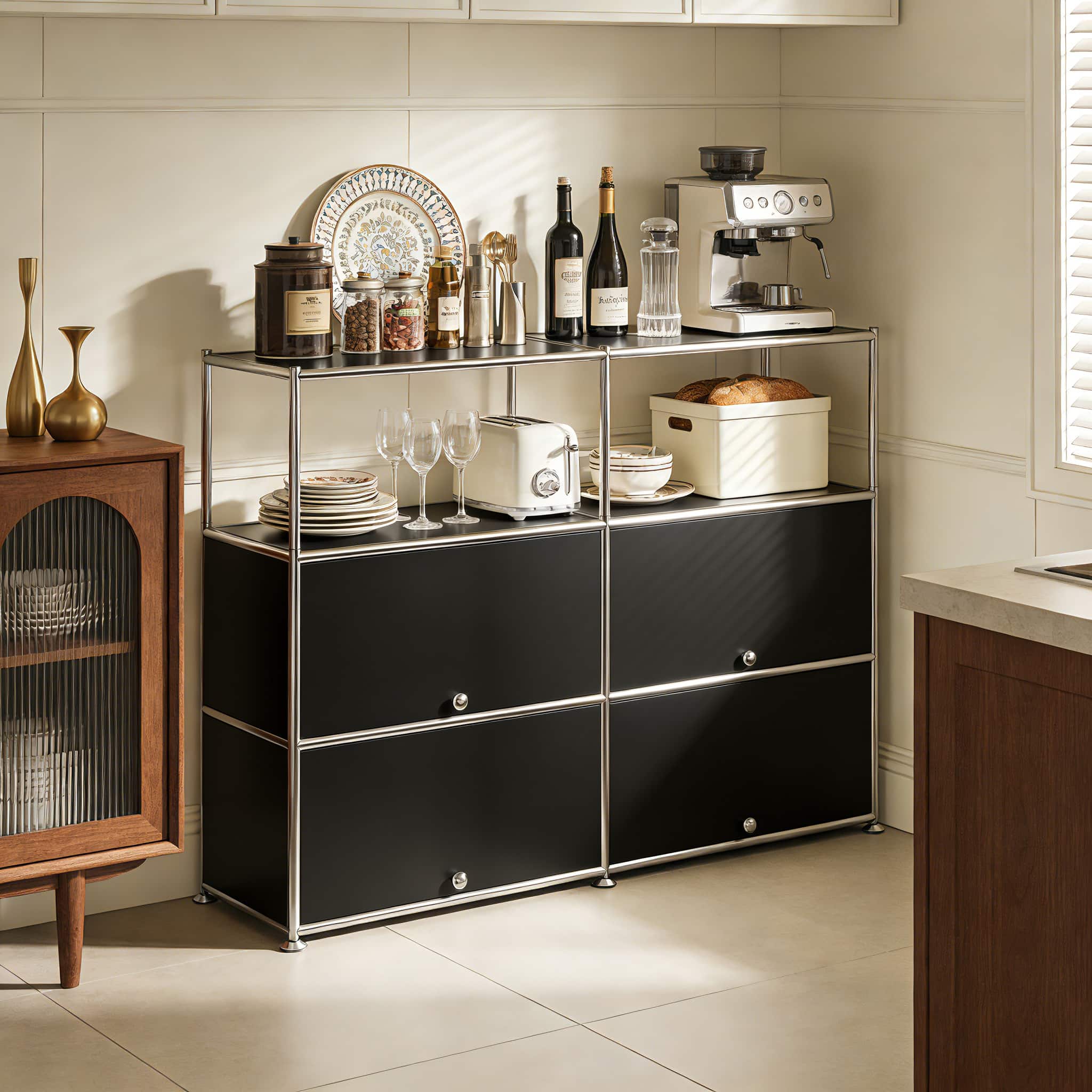 Front. Malletson - Storage Cabinet with Double Drawers and Metal Frame, Multi-Purpose Home Organizer for Entryway, Living Room or Bedroom - Black.