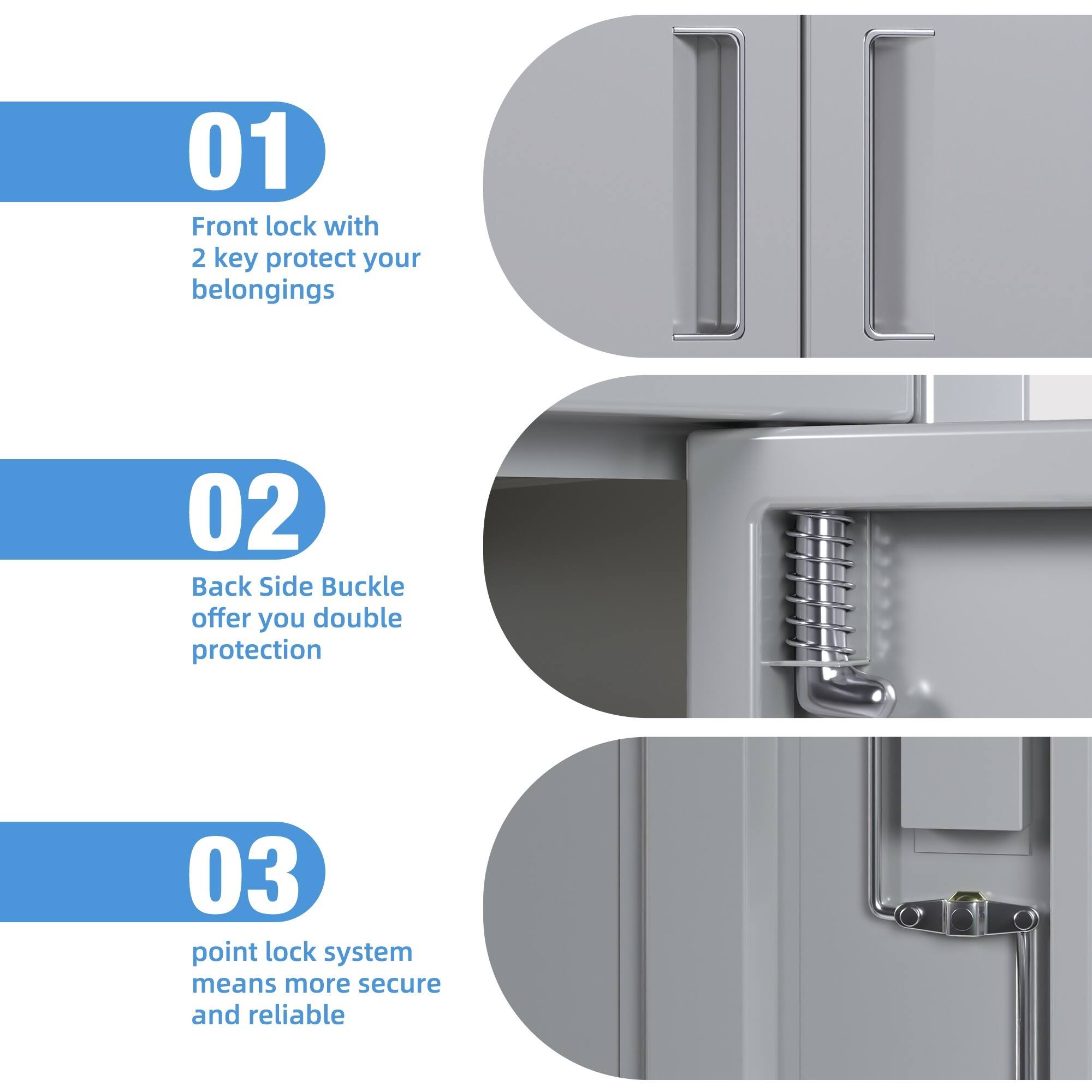 01 Front lock with 2 key protect your belongings  
02 Back Side Buckle offer you double protection  
03 point lock system means more secure and reliable