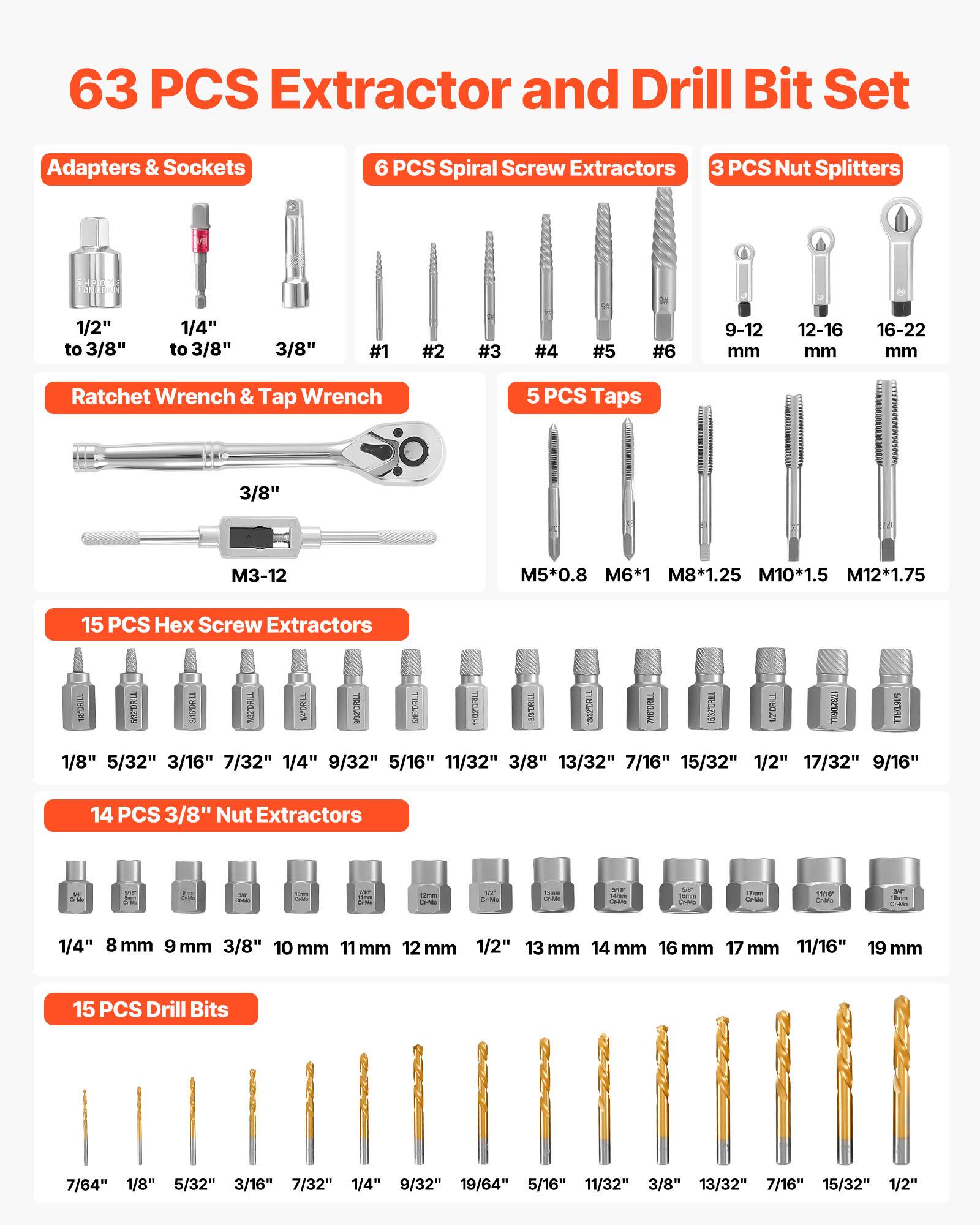63 PCS Extractor and Drill Bit Set

Adapters & Sockets
- 1/2" to 3/8"
- 1/4" to 3/8"
- 3/8"
- #1 #2 #3 #4 #5 #6
- 9-12 mm
- 12-16 mm
- 16-22 mm

6 PCS Spiral Screw Extractors

3 PCS Nut Splitters

Ratchet Wrench & Tap Wrench
- 3/8"

5 PCS Taps
- M3-12
- M5*0.8
- M6*1
- M8*1.25
- M10*1.5
- M12*1.75

15 PCS Hex Screw Extractors
- 1/8" 5/32" 3/16" 7/32" 1/4" 9/32" 5/16" 11/32" 3/8" 13/32" 7/16" 15/32" 1/2" 1