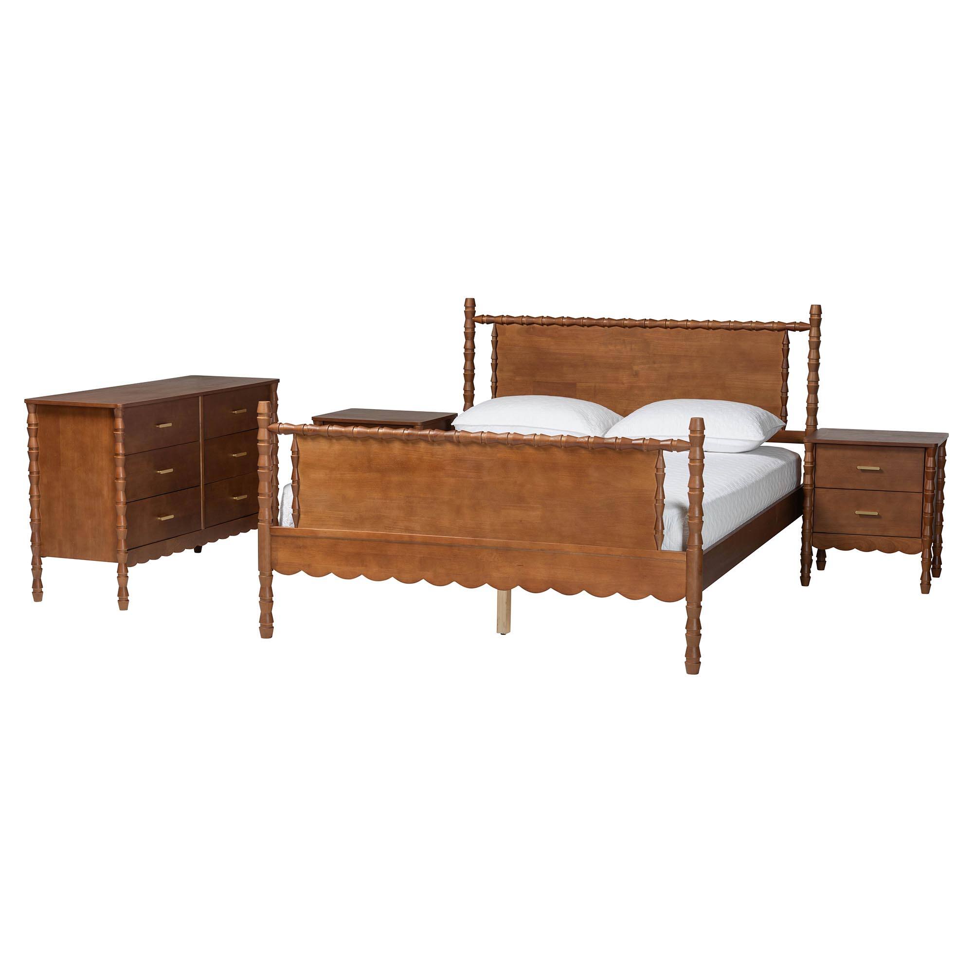 Front. Baxton Studio - Danette Bobbin Wood 4-Piece Bedroom Set with 2 Nightstands, Queen - Walnut Brown.