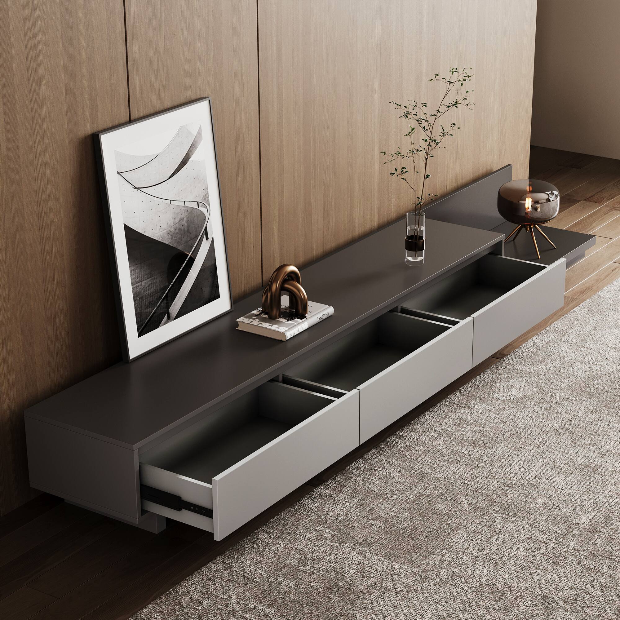 Back. luck idea - 78.7" Stretchable TV stand,tv console With Three Storage Drawers , Suitable for TVs up to 100 inches. - Gray.