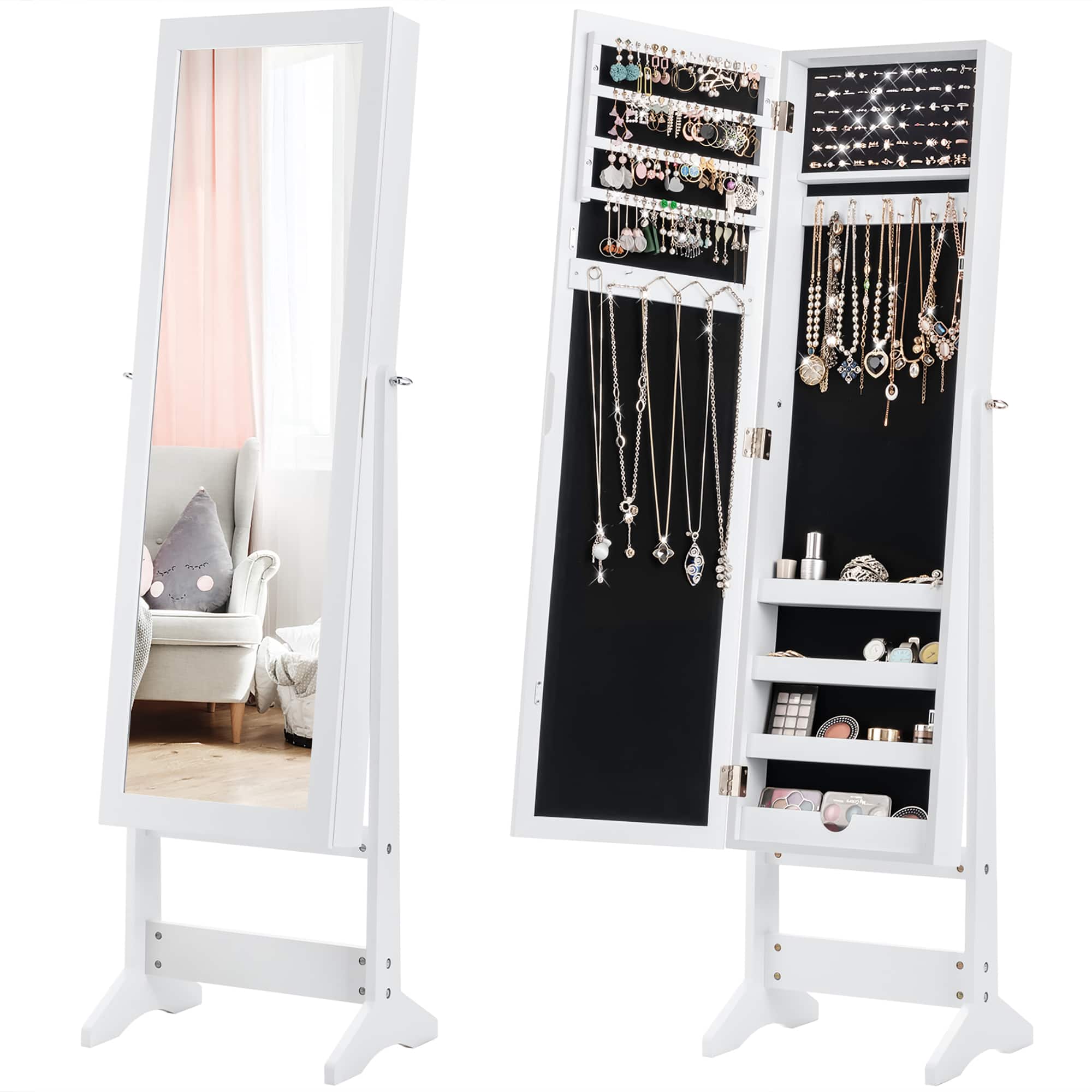 Front. Costway - Mirrored Jewelry Cabinet Mirror Organizer Storage Ring Stand - White.