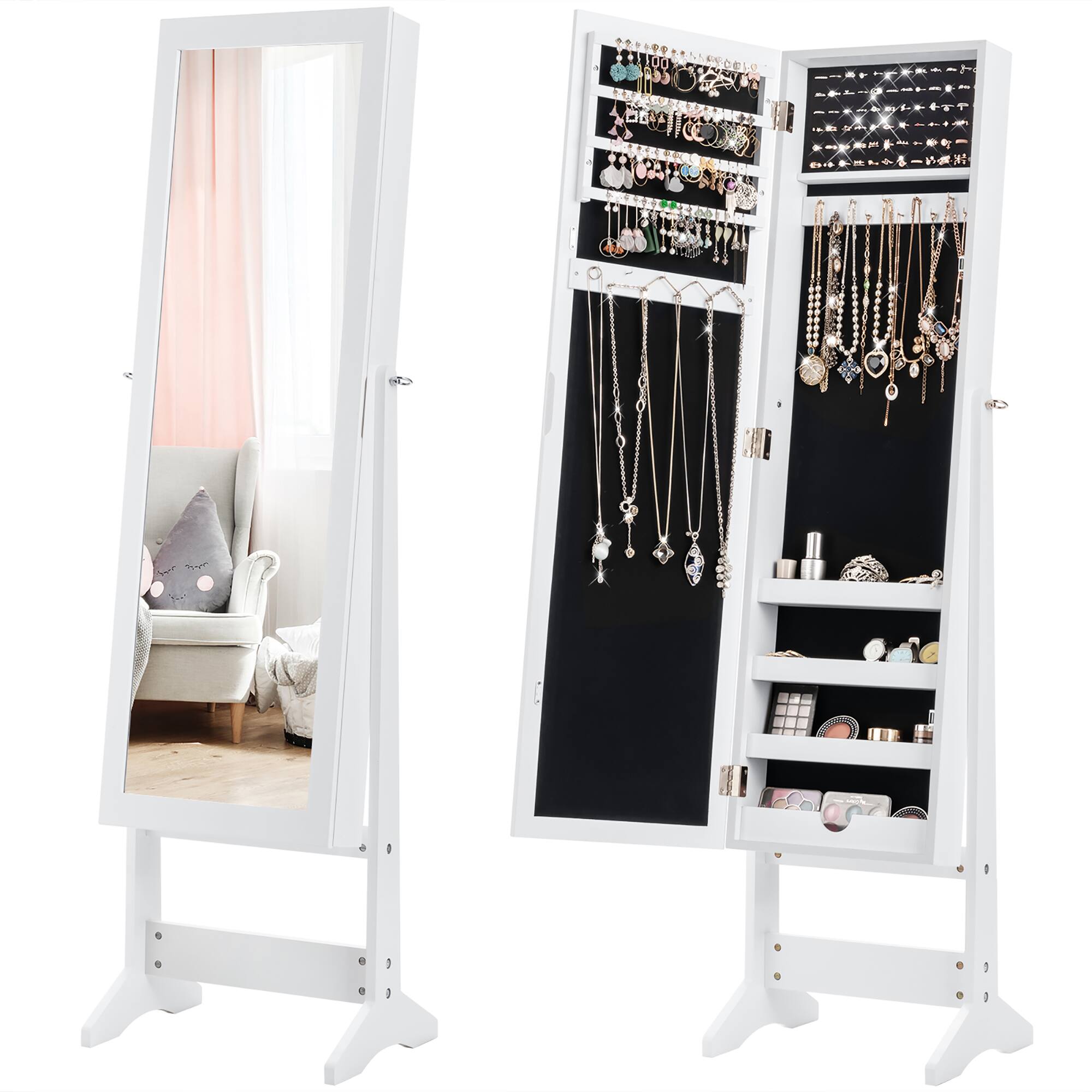Costway - Mirrored Jewelry Cabinet Mirror Organizer Storage Ring Stand - White
