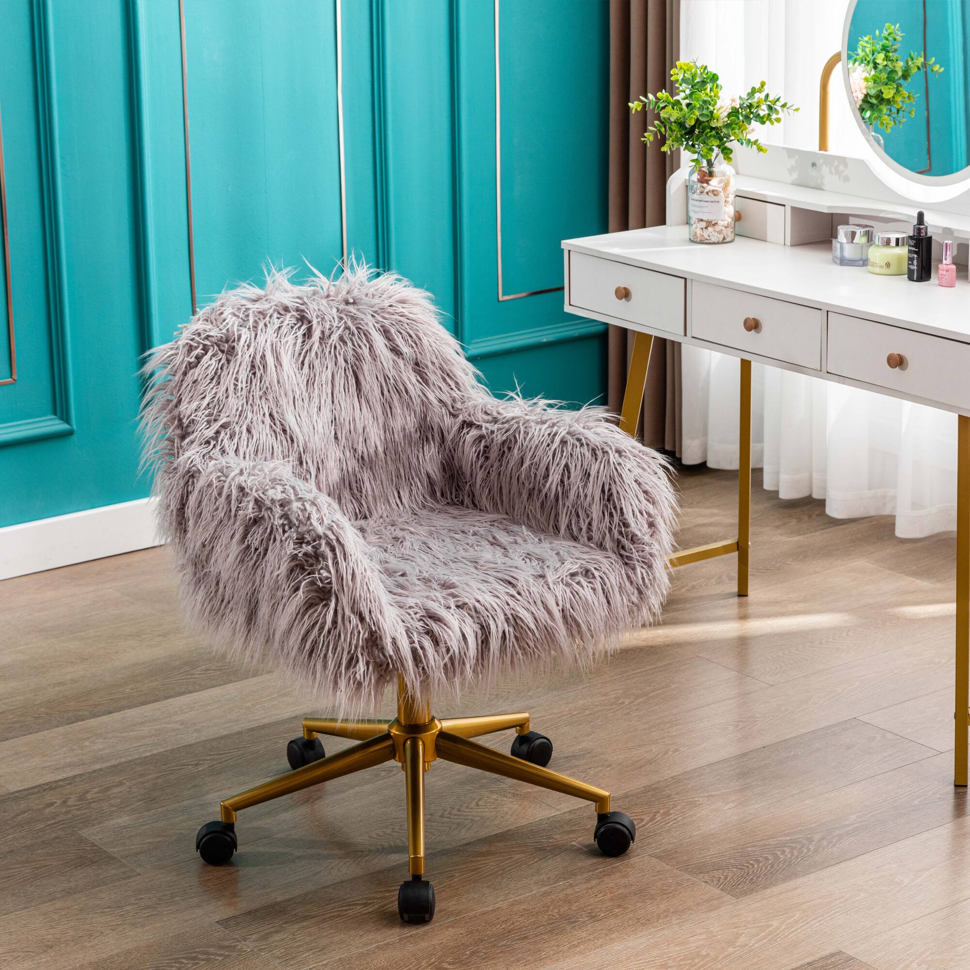 Front. Spaco - Spaco Modern Faux Fur Home Office Chair, Fluffy Chair for Girls, Makeup Vanity Chair, for Bedroom and Dorm Room - Grey.