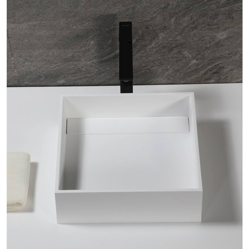 Back. Alfi - 14" Square White Matte Solid Surface Resin Sink - White.