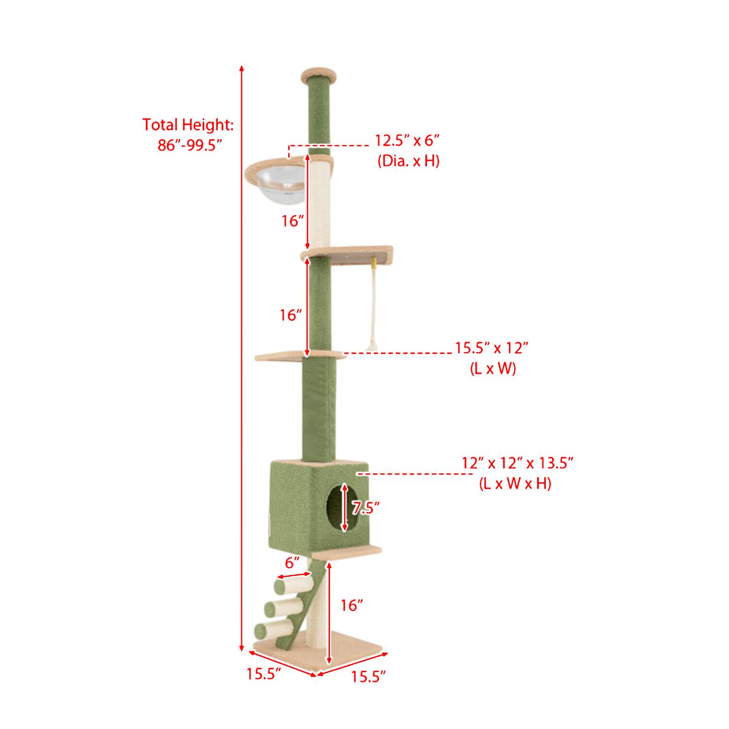 Total Height: 86"-99.5"  
12.5" x 6" (Dia. x H)  
16"  
16"  
15.5" x 12" (L x W)  
12" x 12" x 13.5" (L x W x H)  
6"  
16"  
15.5"  
15.5"