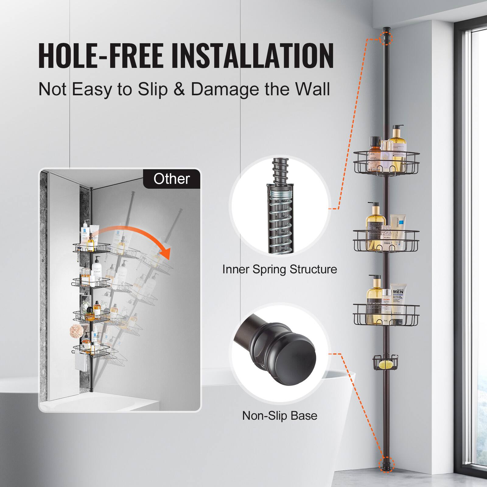 HOLE-FREE INSTALLATION  
Not Easy to Slip & Damage the Wall  

Other  
Inner Spring Structure  
Non-Slip Base