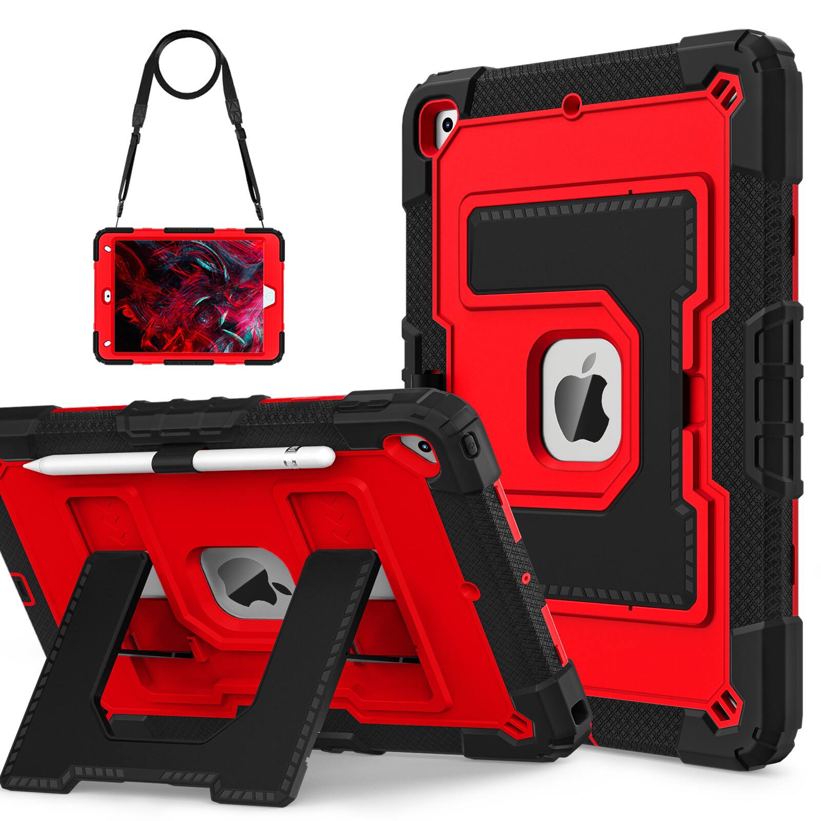 Front. Dteck - Case for iPad 9th/ 8th / 7th Gen 10.2", Heavy Duty Shockproof with Kickstand, Pencil Holder, Shoulder Strap - Black+Red.