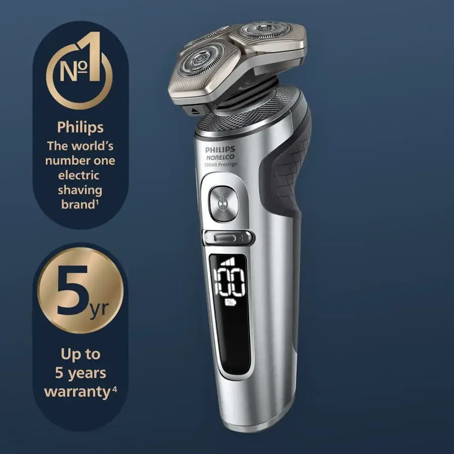 Philips is the world's number one electric shaving brand. The image showcases the Philips Norelco 59000 Prestige, which comes with a 5-year warranty. The product is designed to provide a comfortable and efficient shaving experience.