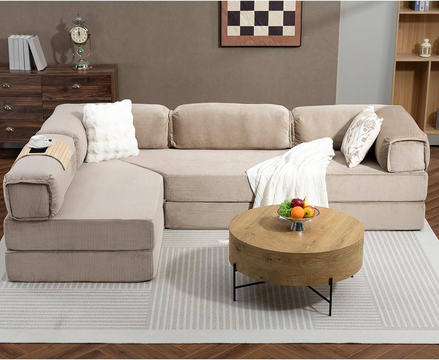 Back. Yardgrace - 108" L-Shaped Modular Sectional Sofa, Cloud Deep Seat Chaise with Removable Pillow, No Assembly Required - Camel.