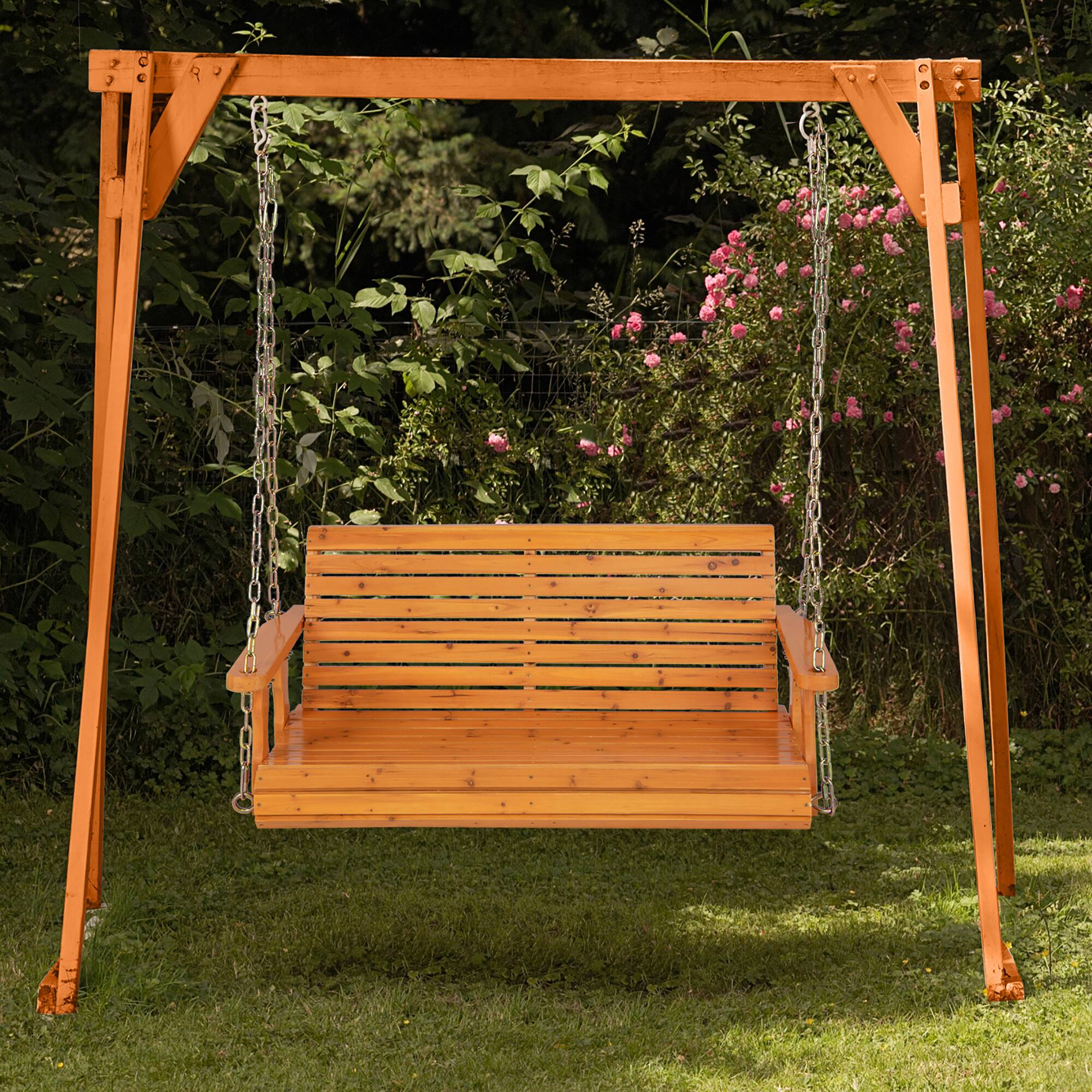 Alt View 4. Costway - Costway Porch Swing Wood Outdoor Patio Hanging Bench Chair for Garden Backyard - orange.