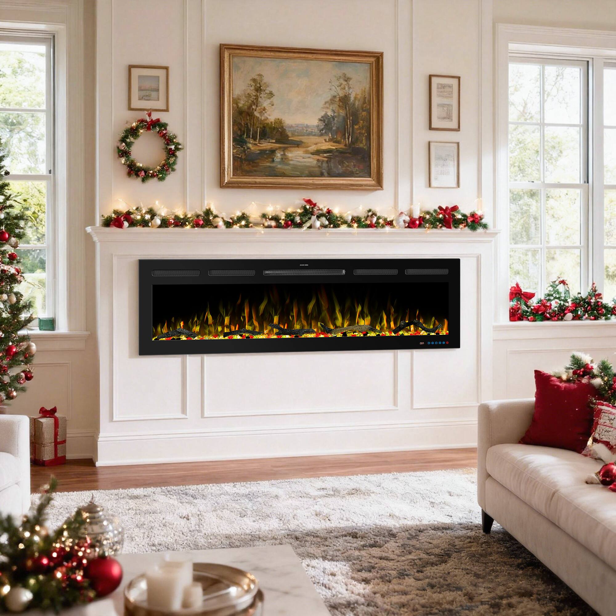 Angle. Ihomeadore - 60" Smart Recessed Wall-Mounted Electric Fireplace Insert with APP & Remote, Multi-Color Flame & Speed - Black.