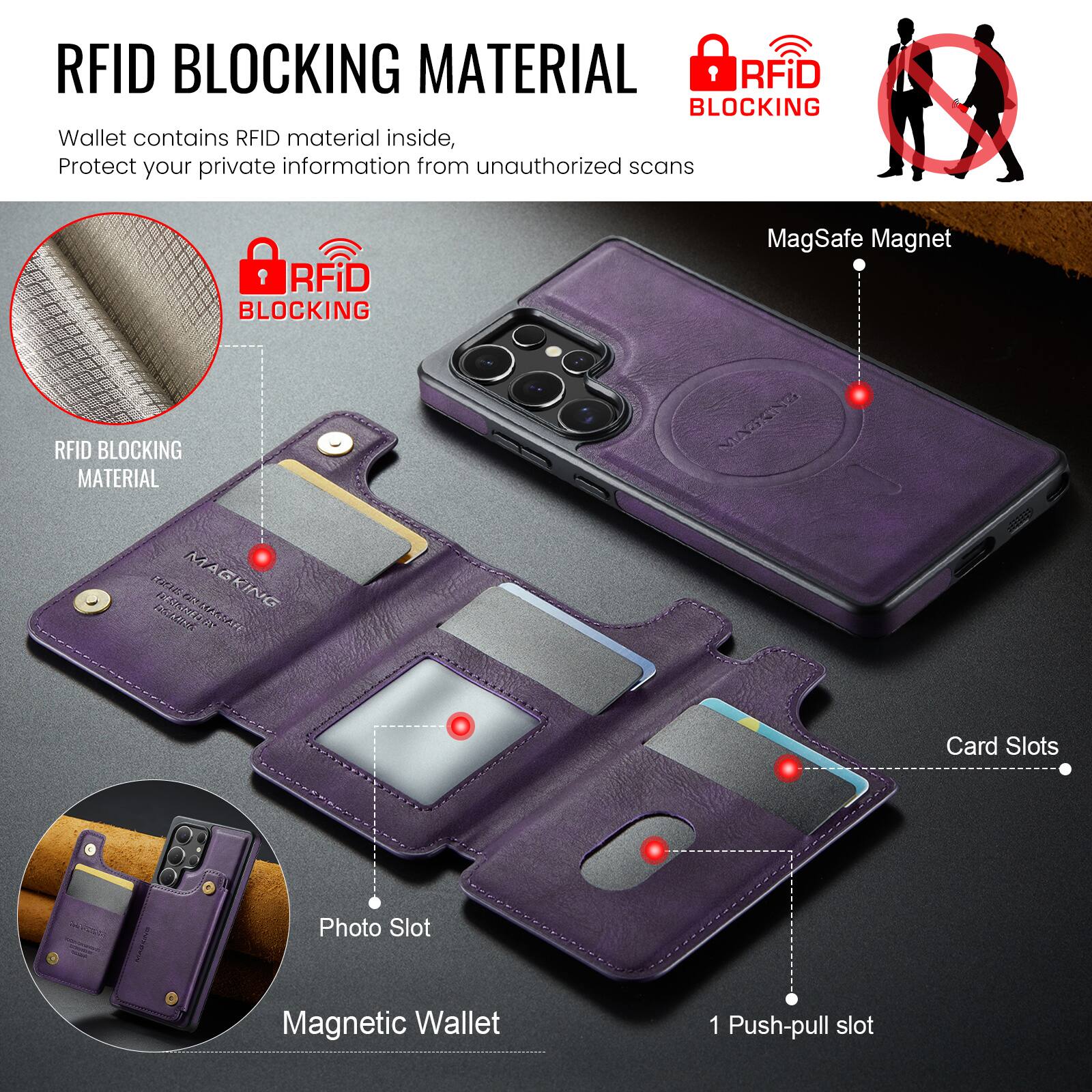 RFID BLOCKING MATERIAL

Wallet contains RFID material inside, Protect your private information from unauthorized scans

RFID BLOCKING MATERIAL

RFiD BLOCKING

MagSafe Magnet

VASKNS LRA M MAGKING 2220 FCUE

Card Slots

Photo Slot

Magnetic Wallet

1 Push-pull slot