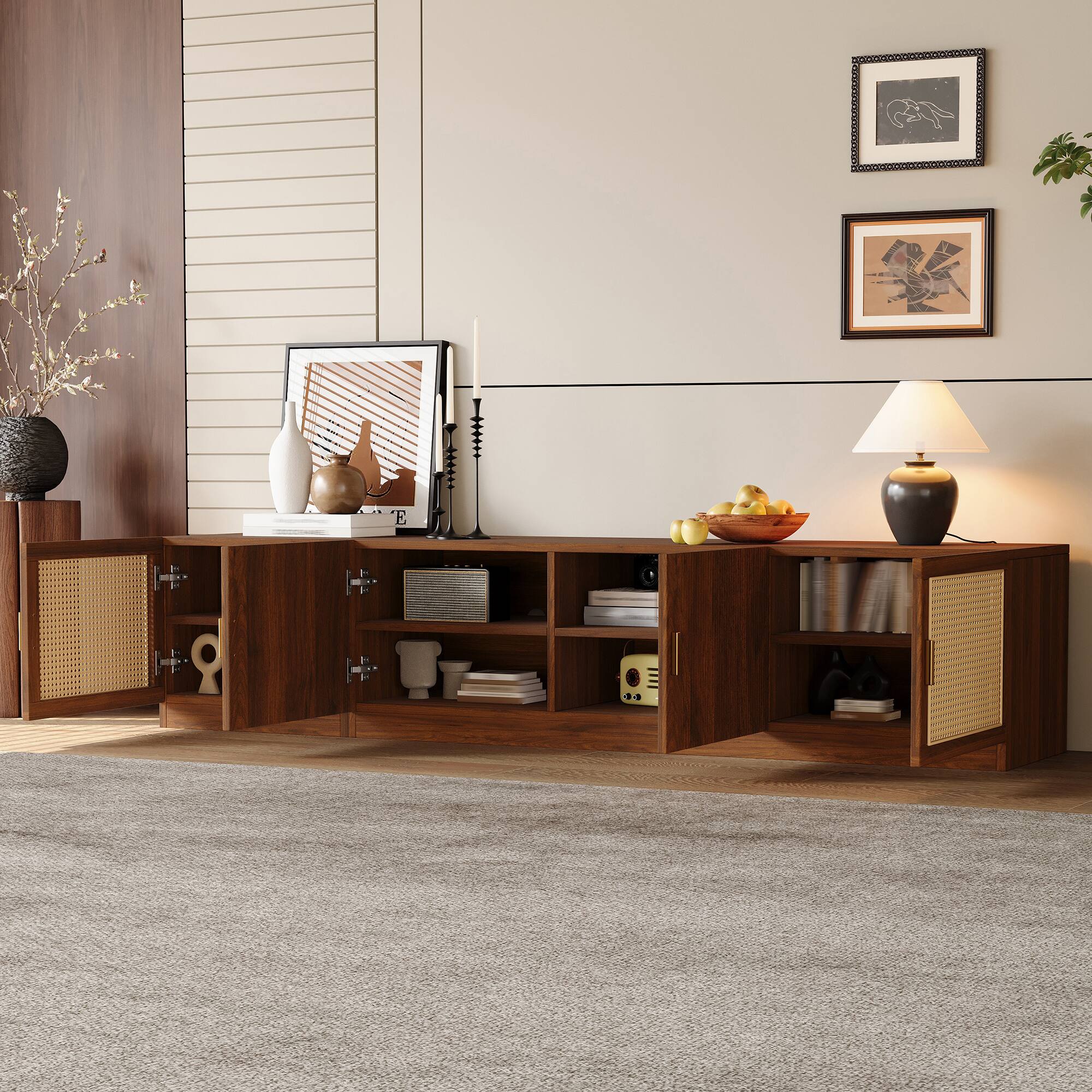 Back. MERAVOM - Mid-Century Modern TV Stand for TVs Up to 85", Entertainment Center with Rattan Doors, Adjustable Shelf for Living Room - Walnut.