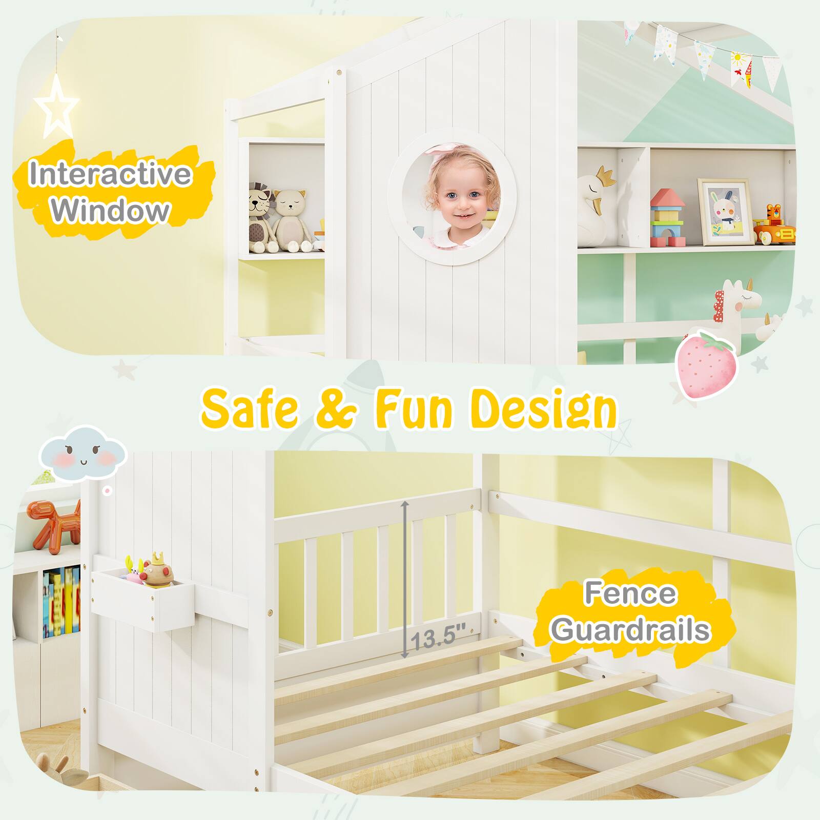 Interactive Window  
Safe & Fun Design  
Fence Guardrails  
13.5"