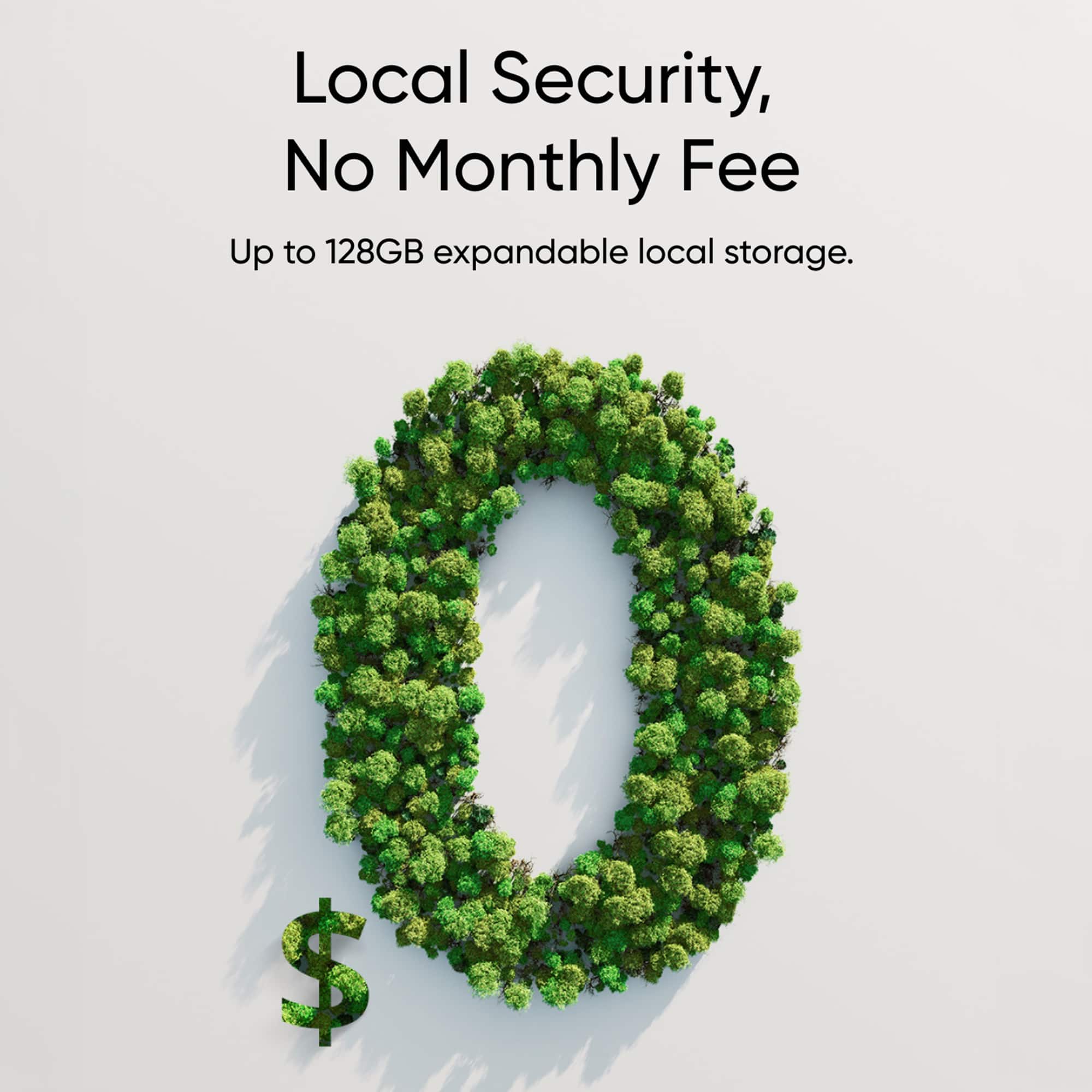 Local Security, No Monthly Fee. Up to 128GB expandable local storage. $