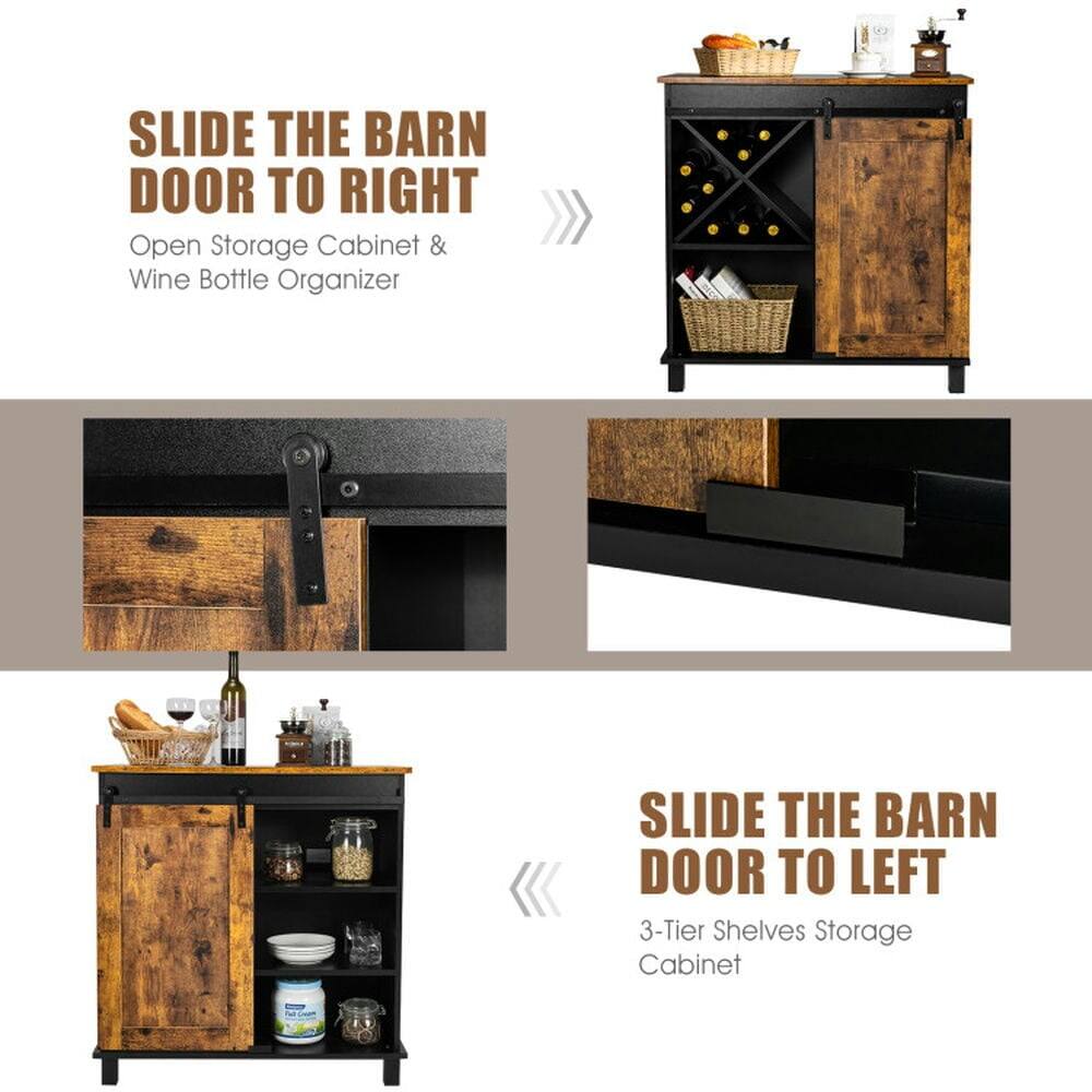 SLIDE THE BARN DOOR TO RIGHT  
Open Storage Cabinet & Wine Bottle Organizer  

SLIDE THE BARN DOOR TO LEFT  
3-Tier Shelves Storage Cabinet