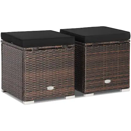 Front. Gymax - Gymax 2PCS Rattan Ottomans Seat Side Table Storage Box Footstool w/ Black Cushion Patio - Mix Brown, Black.