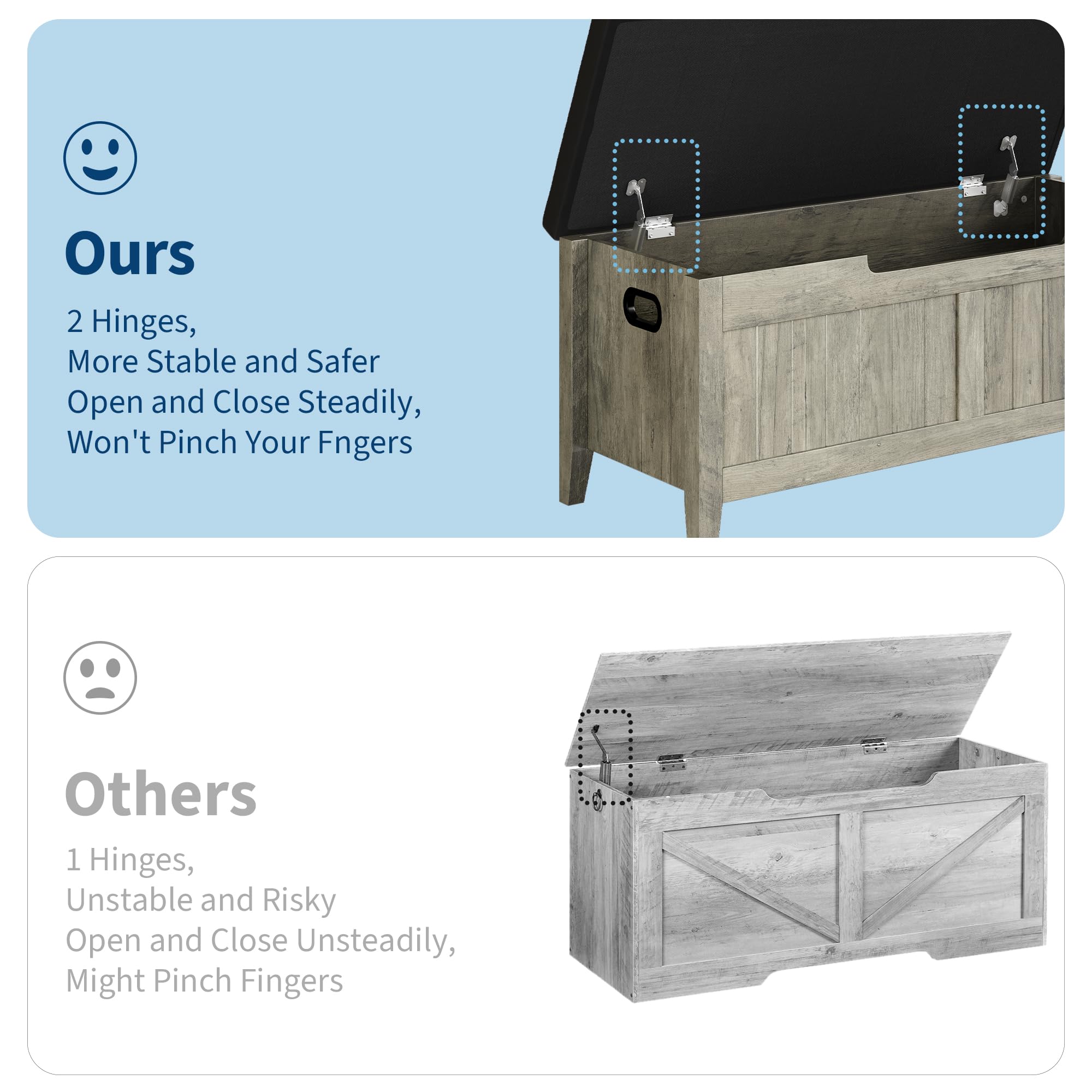 **Ours**

2 Hinges,  
More Stable and Safer  
Open and Close Steadily,  
Won't Pinch Your Fingers

**Others**

1 Hinge,  
Unstable and Risky  
Open and Close Unsteadily,  
Might Pinch Fingers