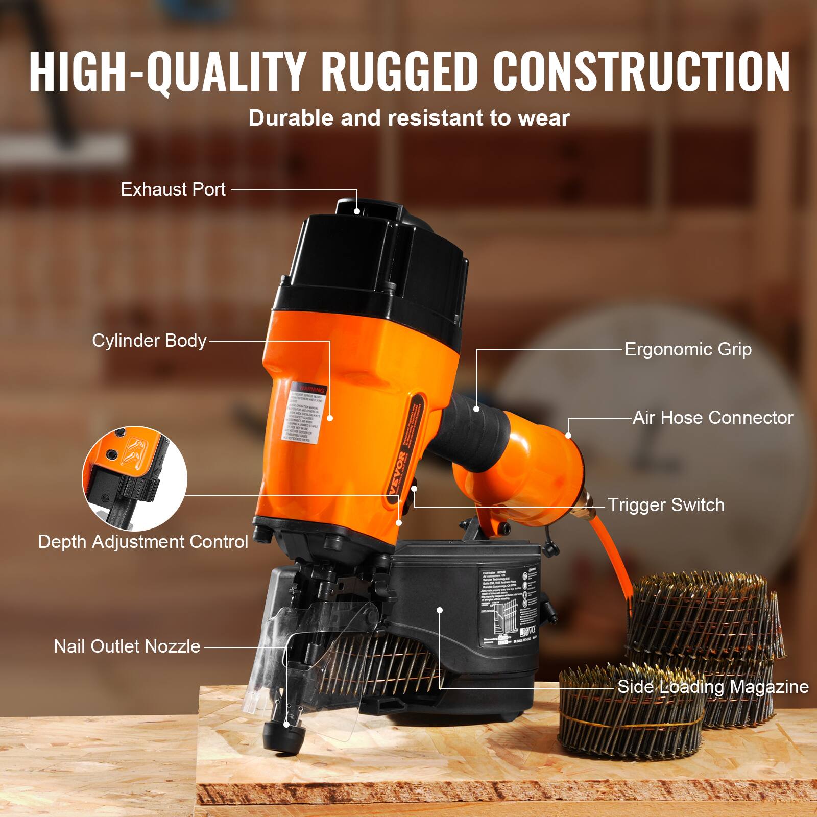 HIGH-QUALITY RUGGED CONSTRUCTION  
Durable and resistant to wear  

- Exhaust Port  
- Cylinder Body  
- Ergonomic Grip  
- Air Hose Connector  
- Trigger Switch  
- Depth Adjustment Control  
- Nail Outlet Nozzle  
- Side Loading Magazine