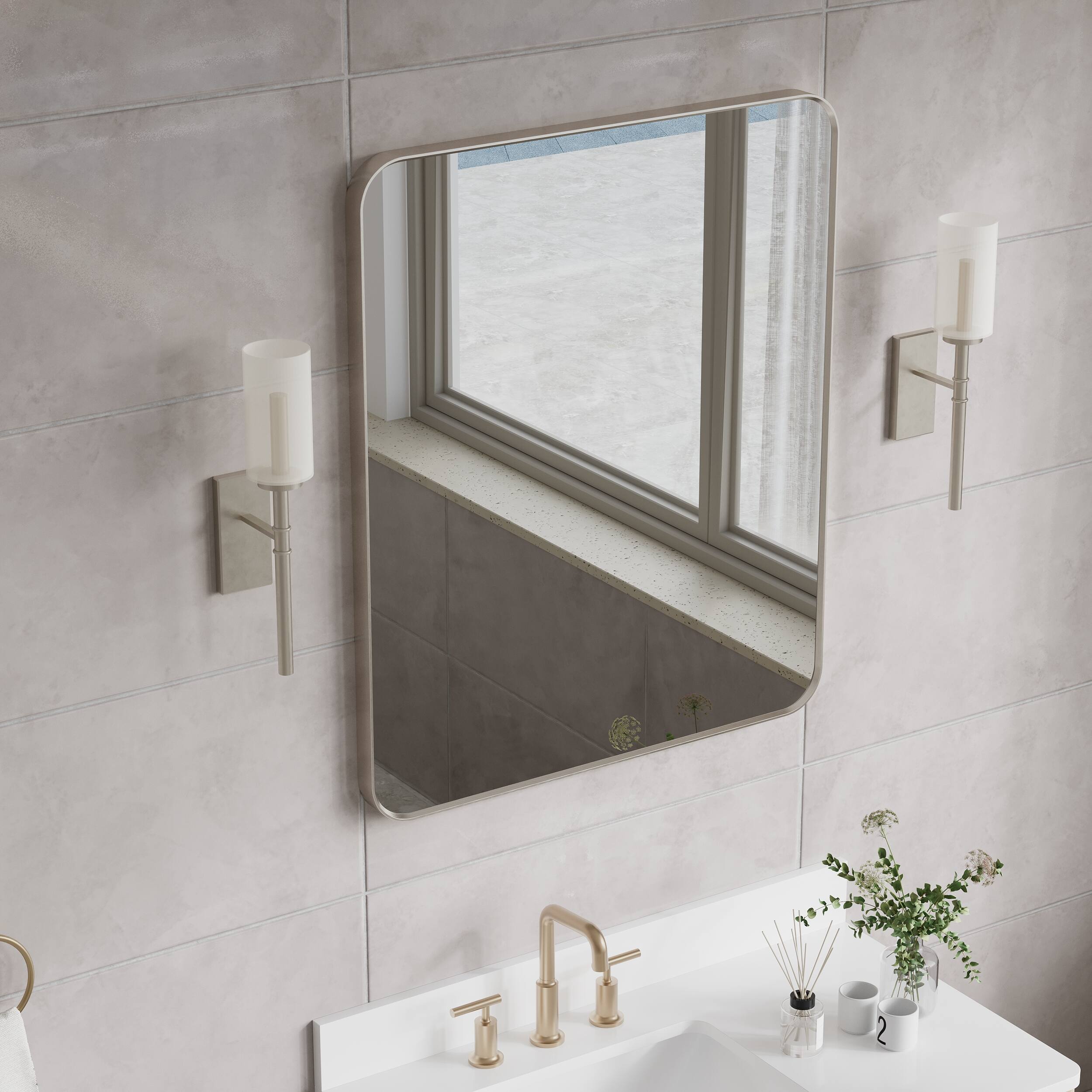 Back. WELLFOR - 30 in. W x 36 in. H Rectangular Aluminum Framed Wall-Mounted Bathroom Vanity Mirror - Brushed Nickel.