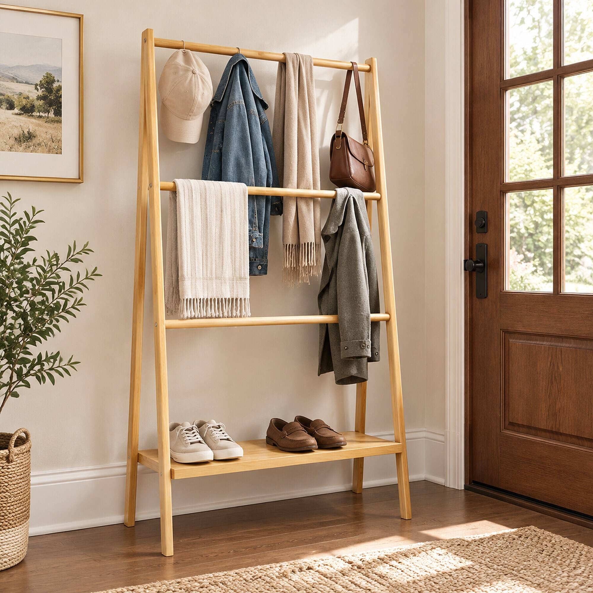 RYHNUYNE Freestanding Bamboo Towel Rack, 30.16 in Long, 51 in Wide, 10. ...