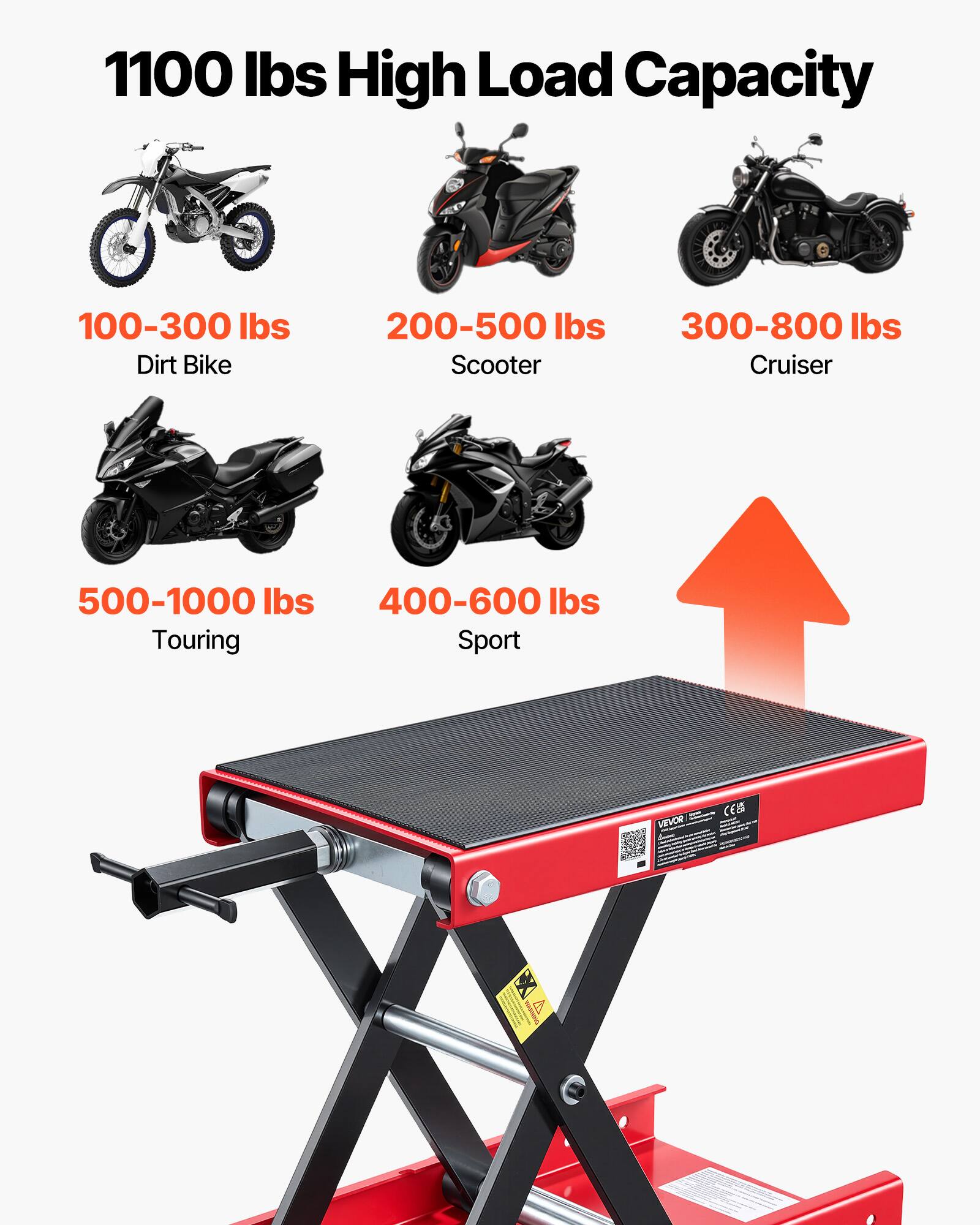 1100 lbs High Load Capacity

- 100-300 lbs: Dirt Bike
- 200-500 lbs: Scooter
- 300-800 lbs: Cruiser
- 500-1000 lbs: Touring
- 400-600 lbs: Sport

VEVOR