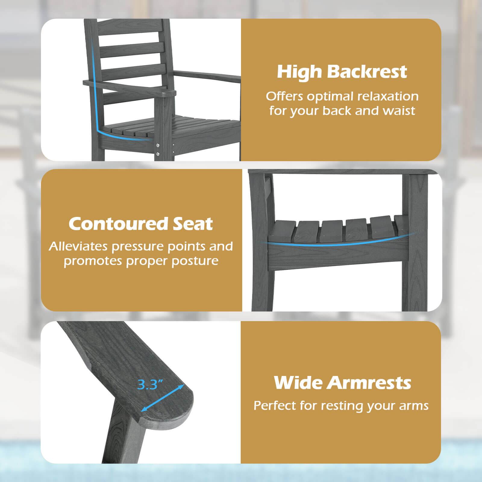 - **High Backrest**  
  Offers optimal relaxation for your back and waist

- **Contoured Seat**  
  Alleviates pressure points and promotes proper posture

- **Wide Armrests**  
  Perfect for resting your arms  
  3.3"
