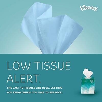 Kleenex  
LOW TISSUE ALERT.  
THE LAST 10 TISSUES ARE BLUE, LETTING YOU KNOW WHEN IT'S TIME TO RESTOCK.