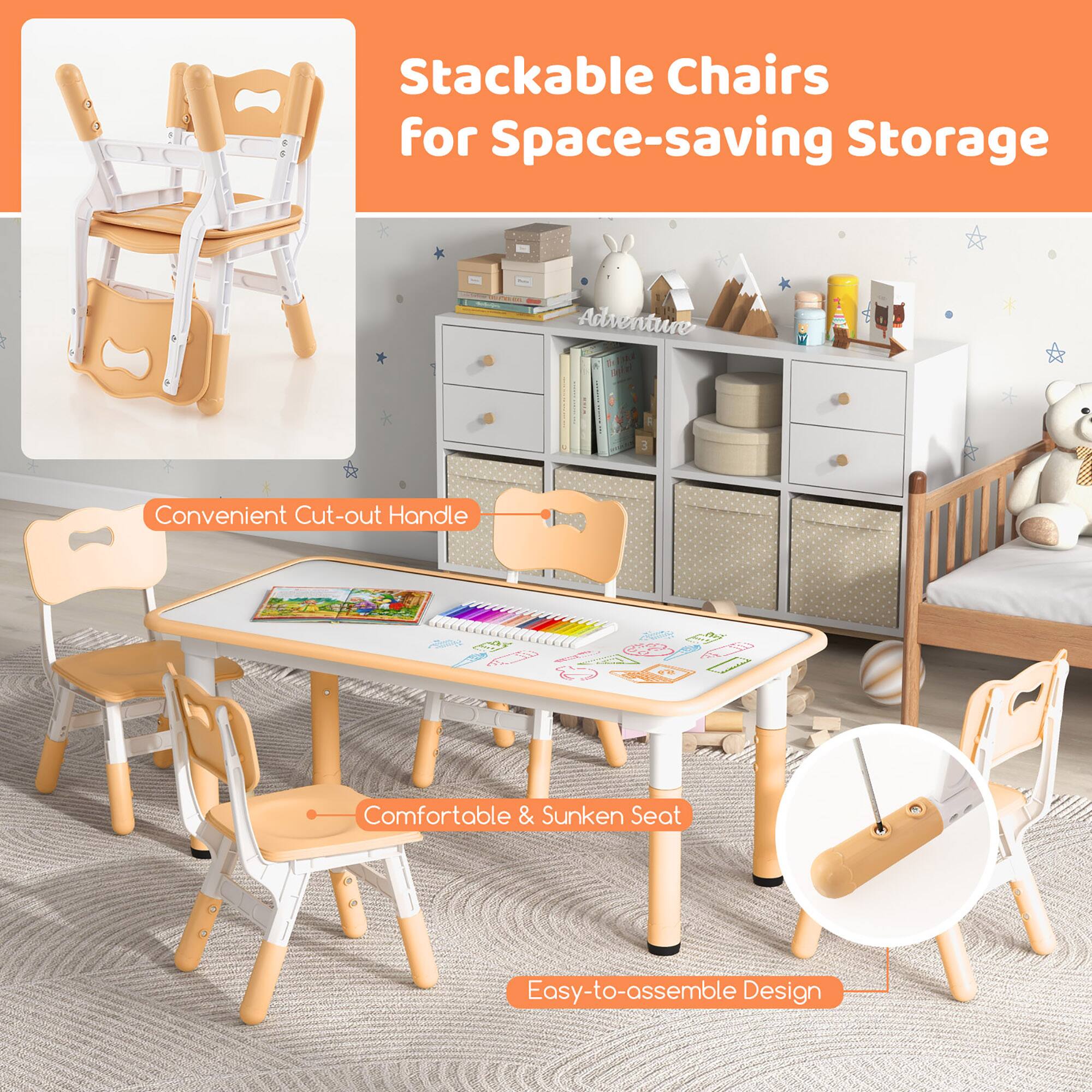Stackable Chairs for Space-saving Storage

- Convenient Cut-out Handle
- Comfortable & Sunken Seat
- Easy-to-assemble Design