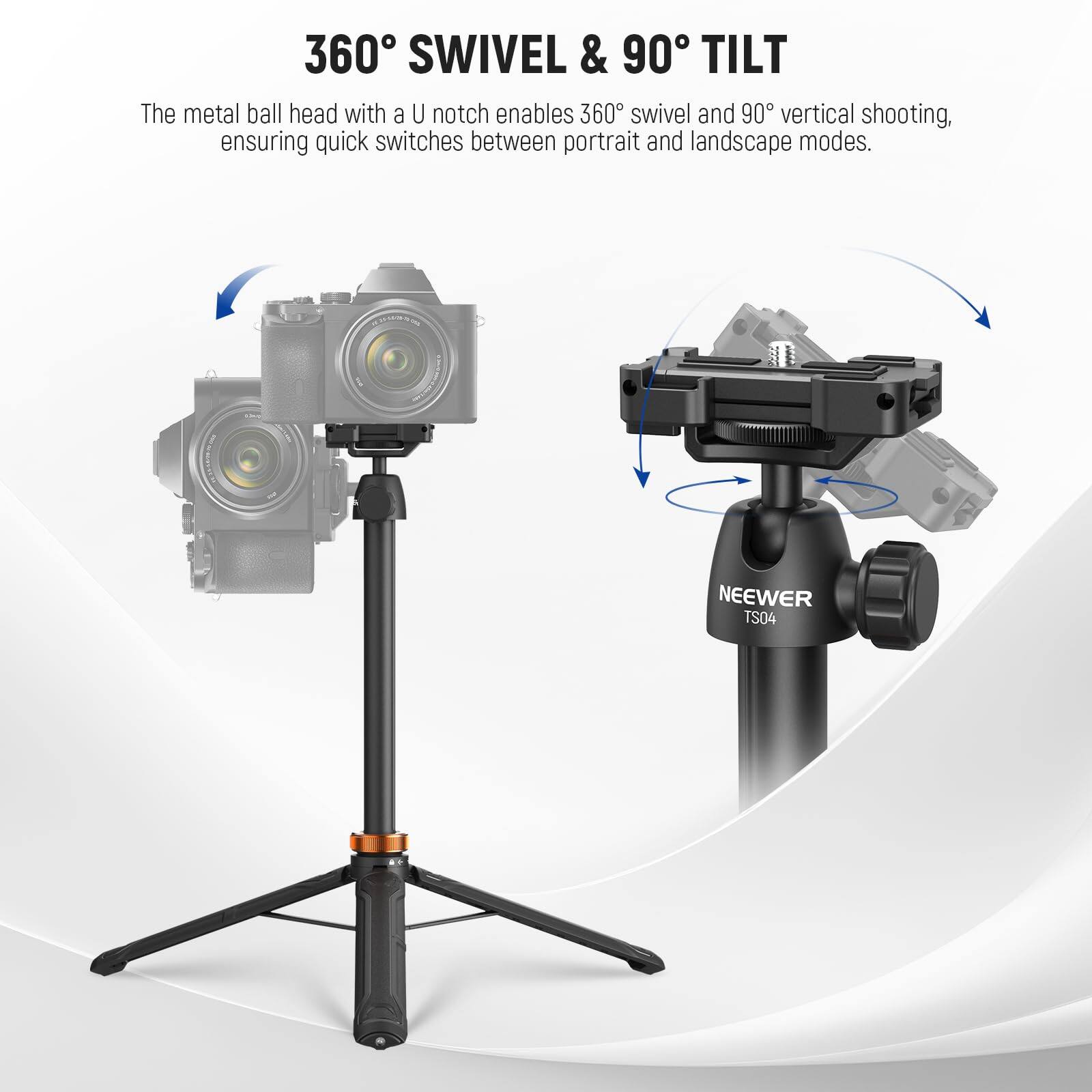 360° SWIVEL & 90° TILT

The metal ball head with a U notch enables 360° swivel and 90° vertical shooting, ensuring quick switches between portrait and landscape modes.

NEEWER TS04